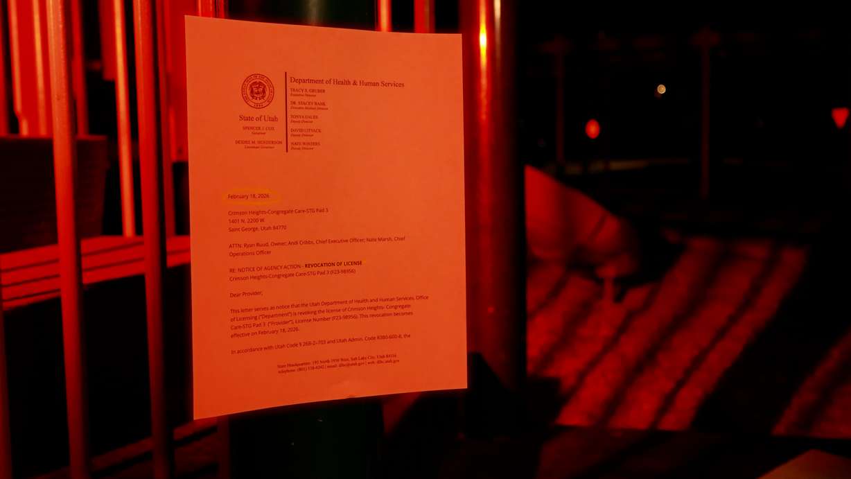 A Utah Department of Health and Human Services document details the state’s decision to revoke the license of a Crimson Heights facility in 2026.