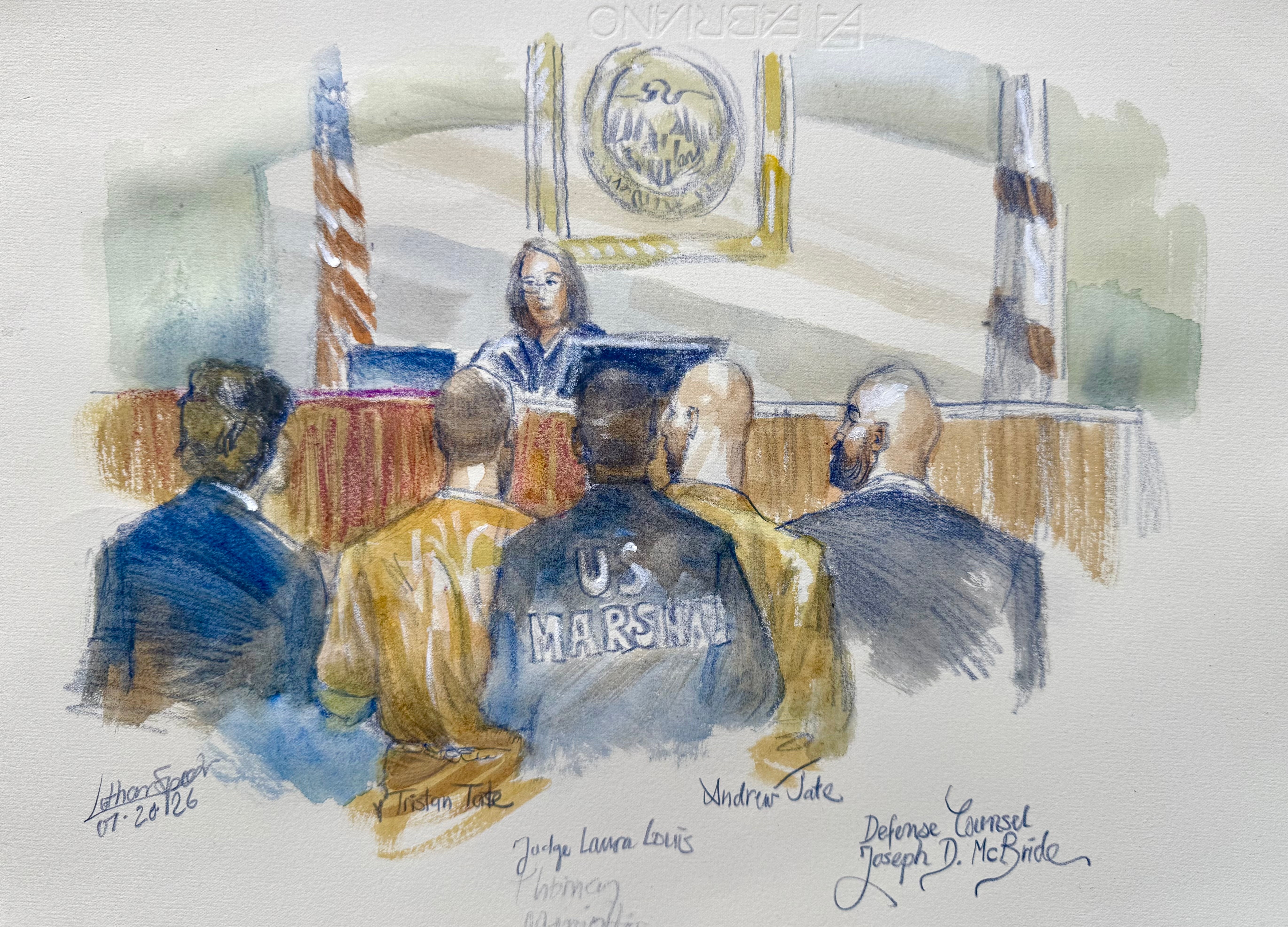In this courtroom sketch Andrew and Tristan Tate appear with their attorneys before judge Lauren Louis in Miami federal court, Monday in Miami.