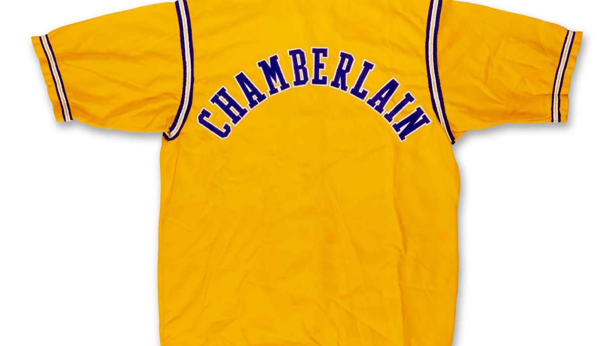 This undated photo provided by Sotheby's shows a warmup jacket worn by Wilt Chamberlain during the 1972 NBA Finals that was found in an Oregon thrift store.