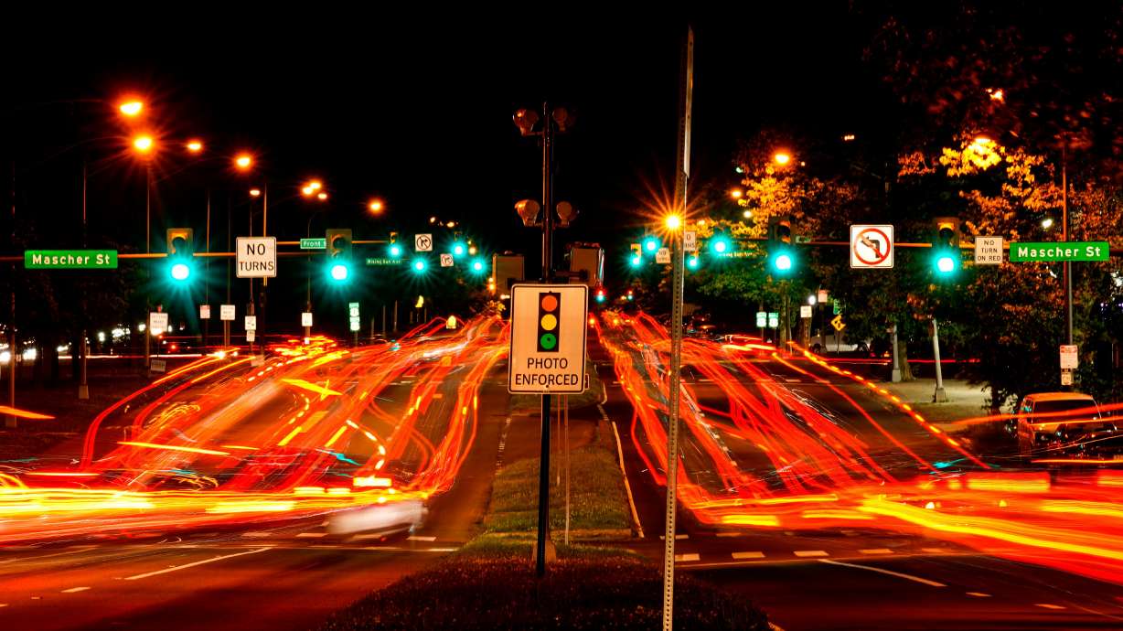 This long exposure photo shows traffic driving on Roosevelt Boulevard in Philadelphia, May 25, 2022.