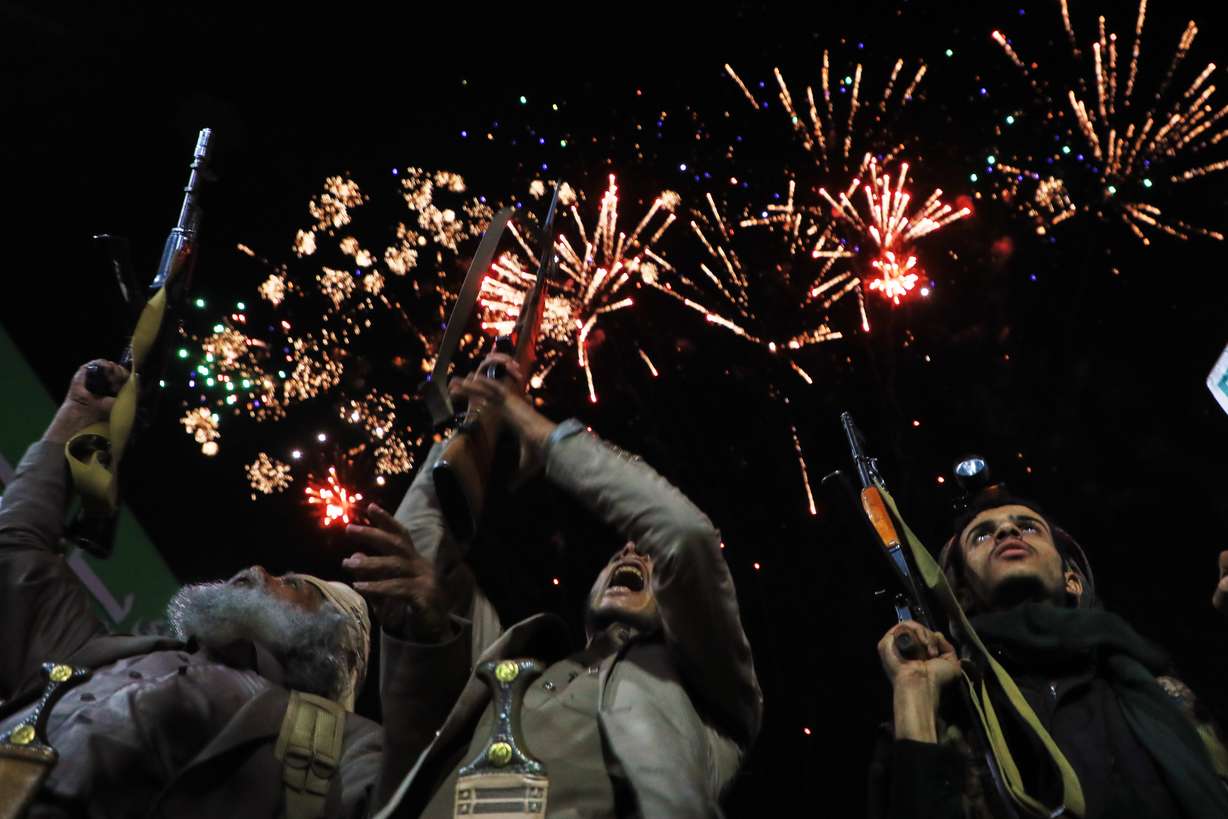 Fireworks burst as Houthi supporters rally against the Saudi-led coalition in Sanaa, Yemen, Monday. The group opened a new front in the Iran war by declaring a naval blockade of Saudi Arabia on Tuesday.