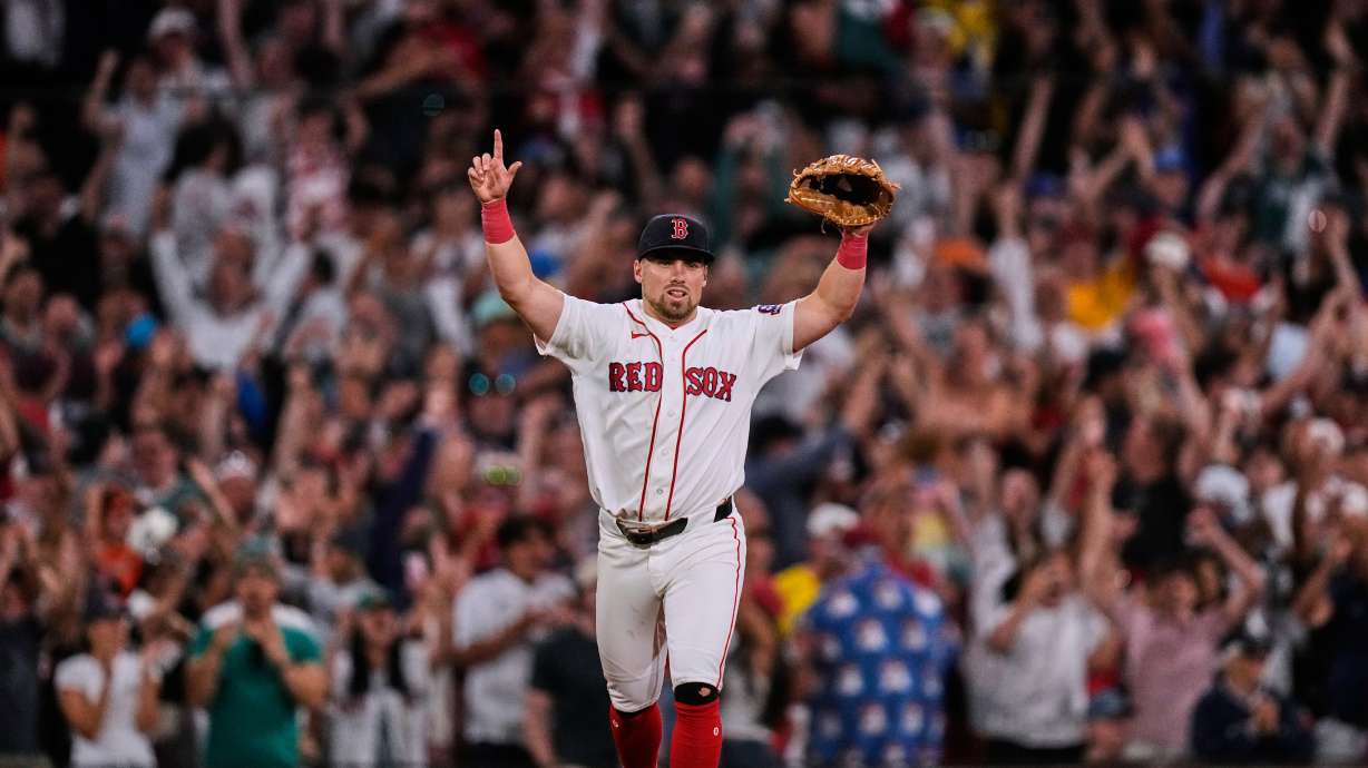 Boston Red Sox's Caleb Durbin celebrates after defeating the Baltimore Orioles following a baseball game, Monday, July 20, 2026, in Boston.