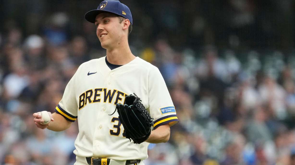 Milwaukee Brewers' Jacob Misiorowski smiles during the fourth inning of a baseball game against the New York Mets, Monday, July 20, 2026, in Milwaukee.