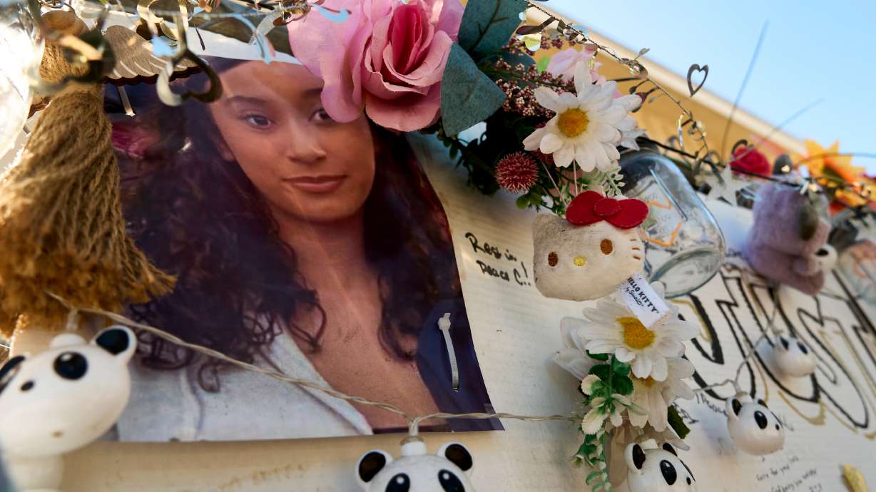 A makeshift memorial for Celeste Rivas Hernandez, whose body was found inside a vehicle owned by singer D4vd, is displayed outside her home in Lake Elsinore, Calif., on April 21.