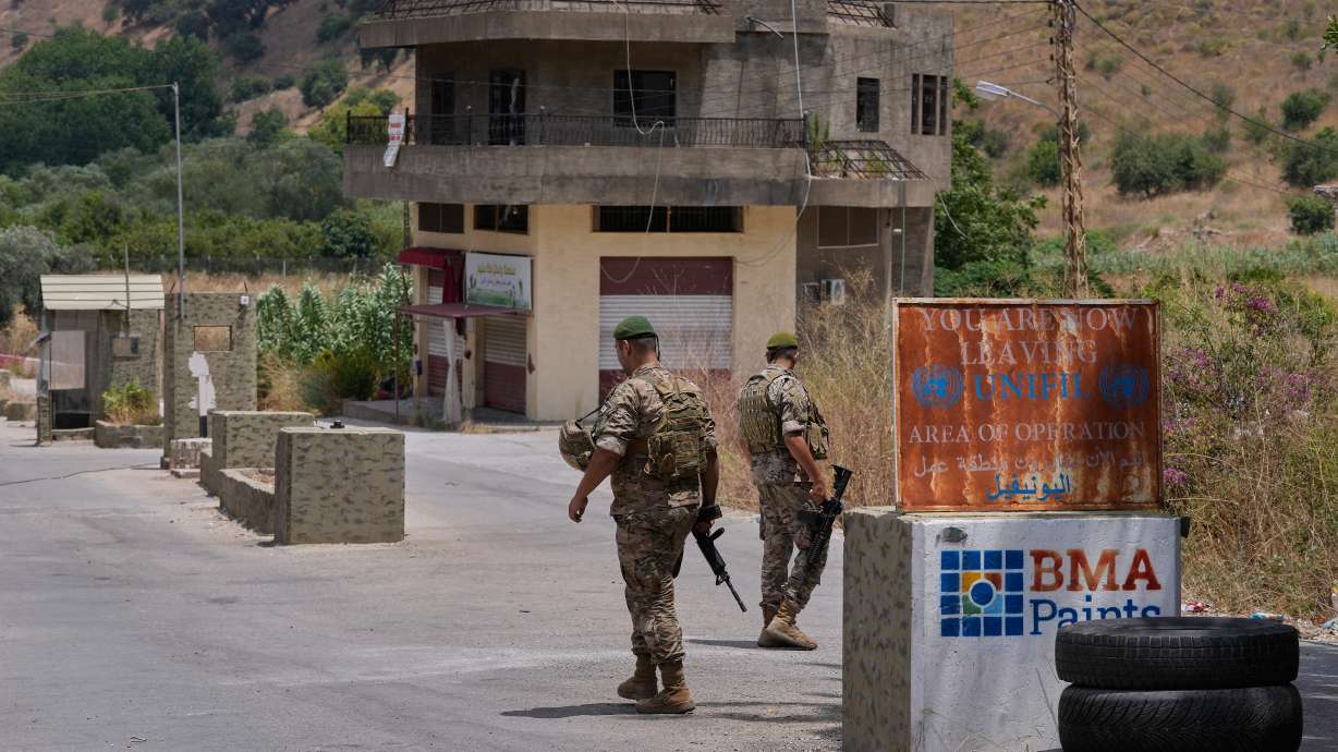 Lebanese army soldiers stand at a checkpoint in Froun village, southern Lebanon, Thursday. President Donald Trump has pledged significant support for Lebanon during a White House meeting with Lebanese leader Joseph Aoun.