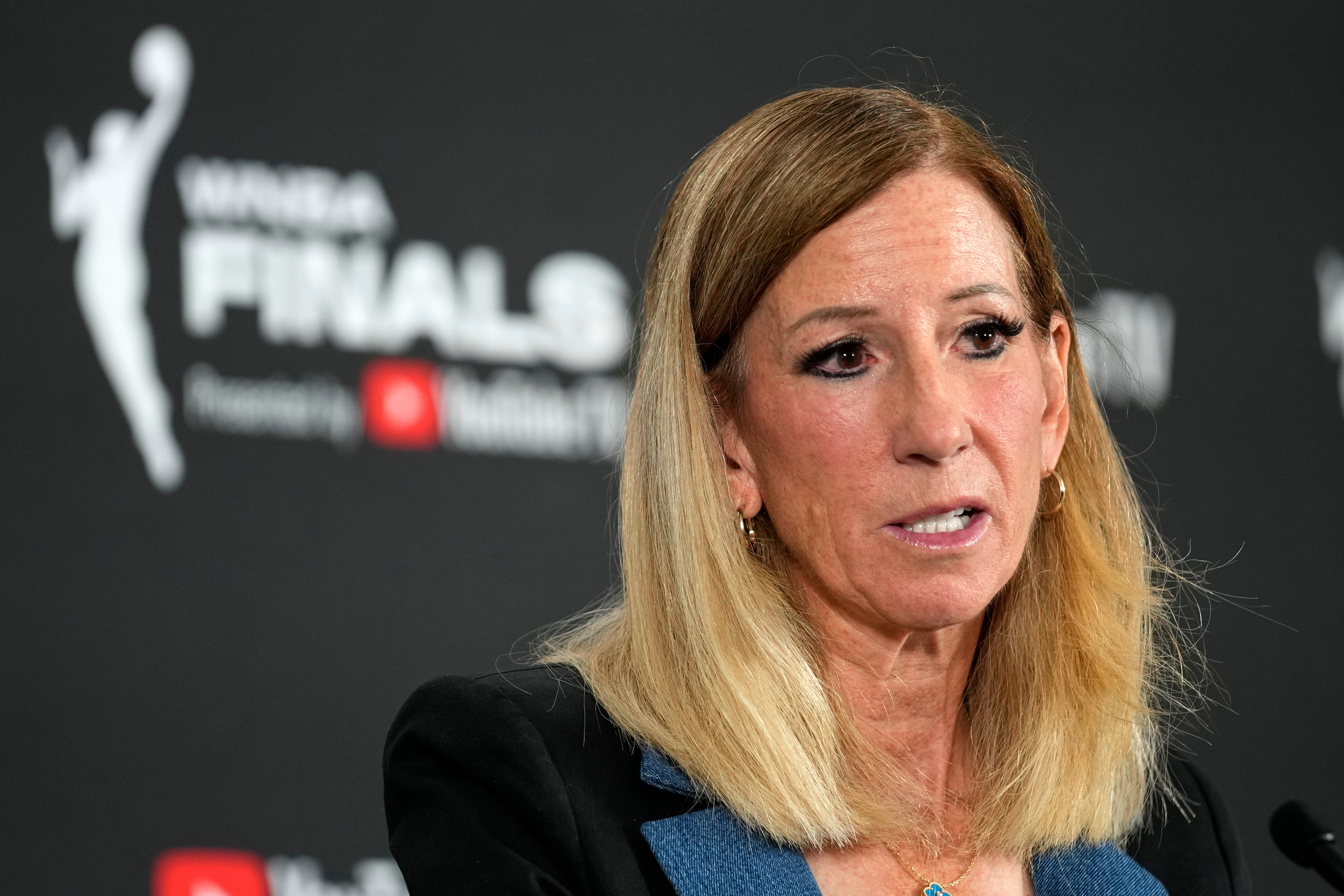 FILE - WNBA commissioner Cathy Engelbert speaks prior to Game 1 of a WNBA basketball final playoff series between the Las Vegas Aces and the Phoenix Mercury, Oct. 3, 2025, in Las Vegas.