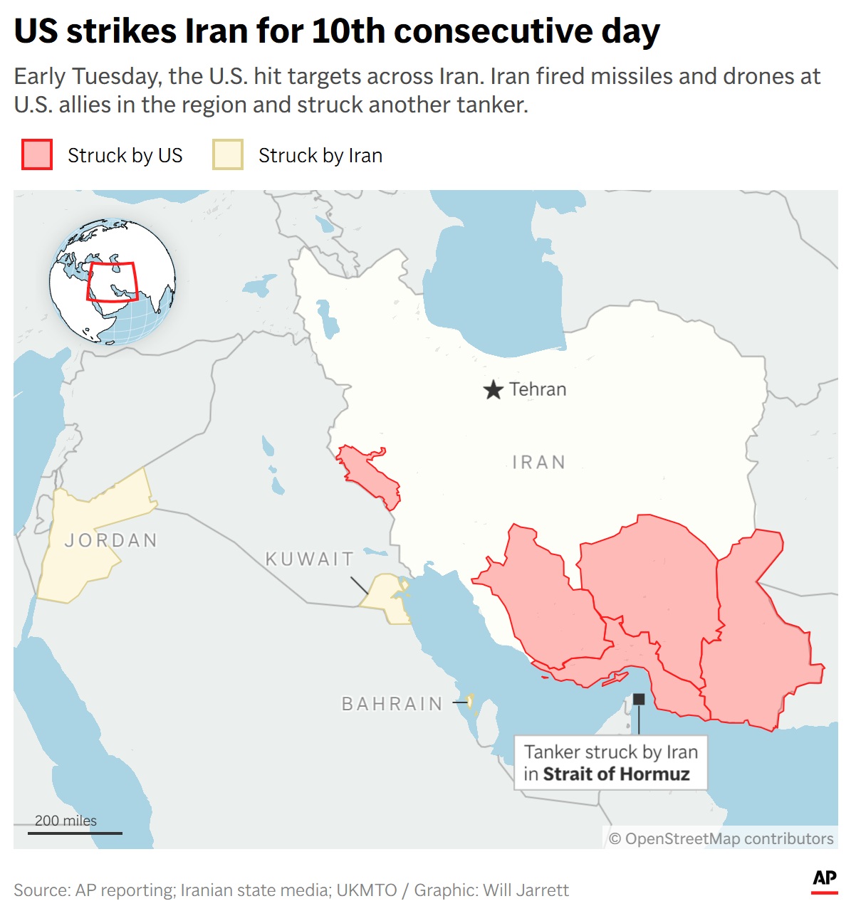A map showing strikes in and around Iran early Tuesday.