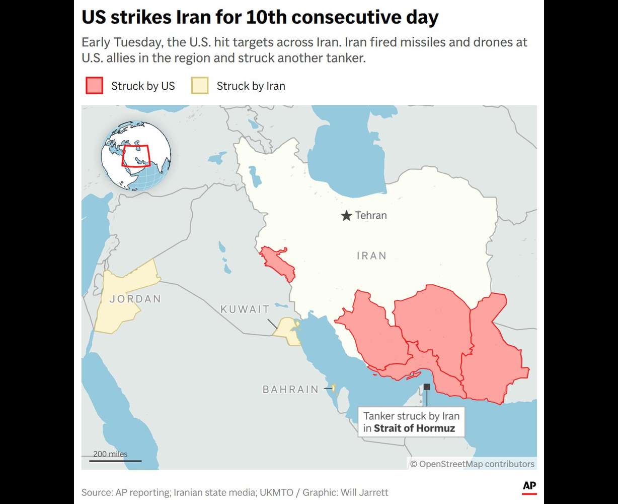 A map showing strikes in and around Iran early Tuesday.