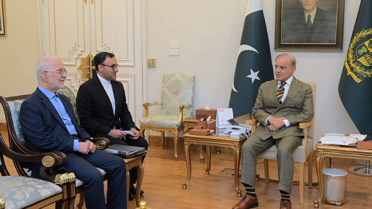 Iran's Interior Minister Eskandar Momeni meets with Pakistan's Prime Minister Shehbaz Sharif in Islamabad, Pakistan, Tuesday. Diplomats are seeking to salvage the collapsed interim deal between Iran and the United States as both countries launched attacks.