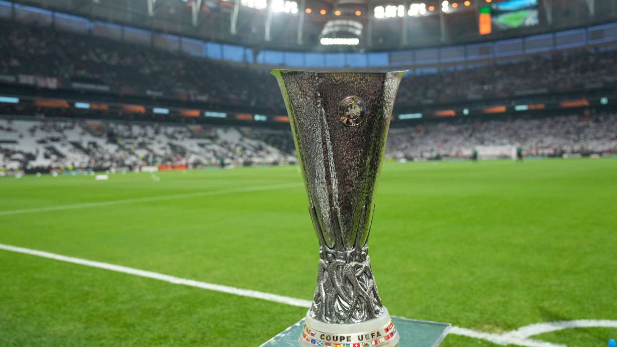 FILE - The trophy is displayed before before the Europa League final soccer match between Freiburg and Aston Villa in Istanbul, Turkey, Wednesday, May 20, 2026.