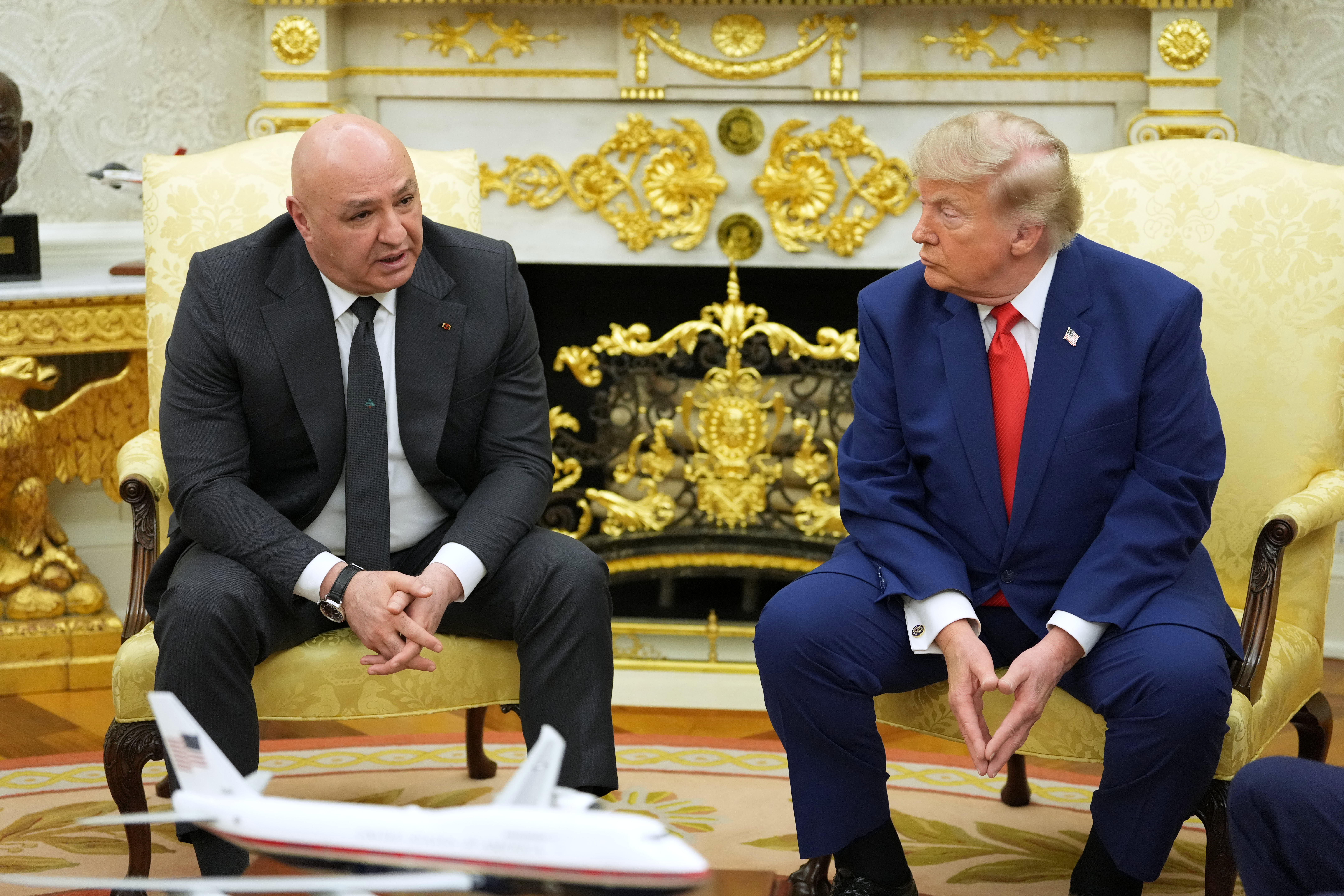 Lebanese President Joseph Aoun speaks as he meets with President Donald Trump in the Oval Office at the White House, Tuesday, in Washington. Trump said the U.S. has "no interest" in meeting with Iran to strike a new deal to end the war unless the Islamic Republic wanted to "meet in a meaningful way."