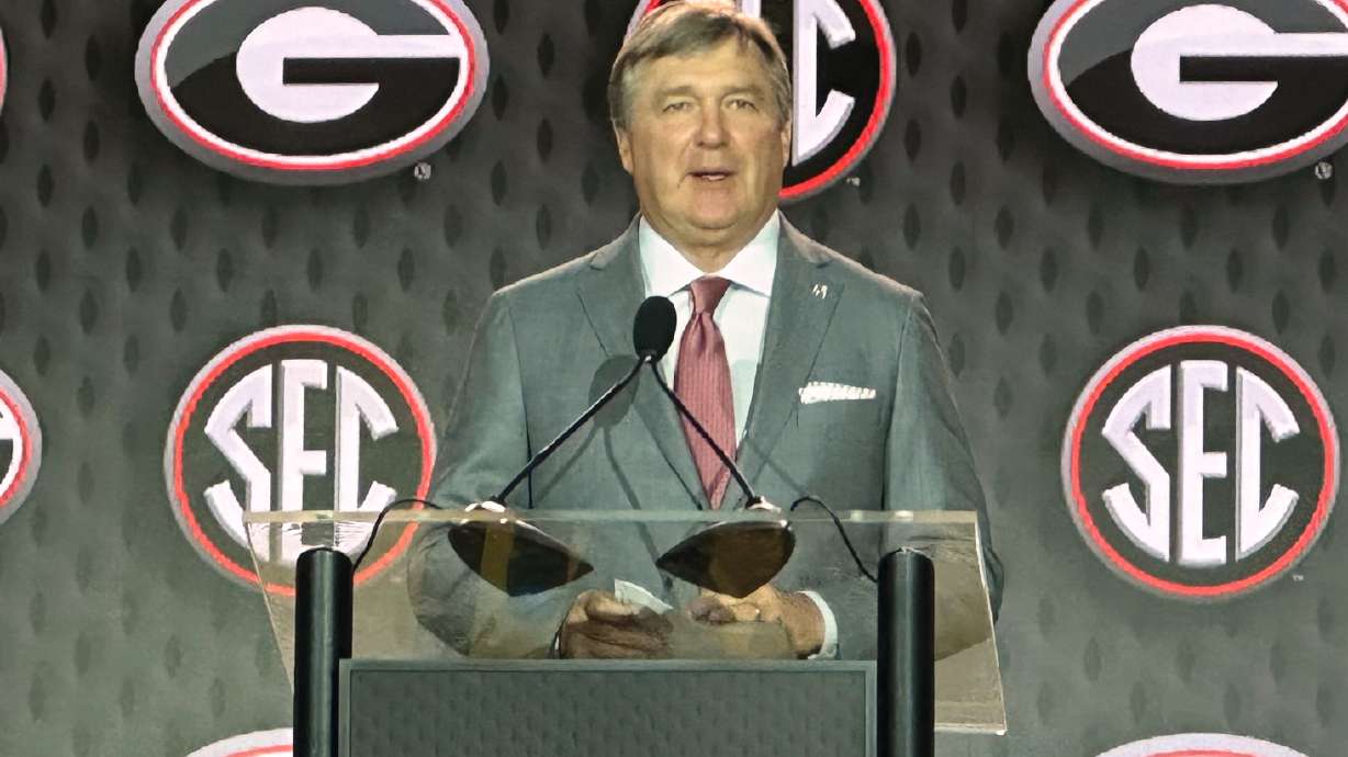 Georgia Head Coach Kirby Smart discusses upcoming football season at the SEC Media Days, Tuesday, July 21, 2026 in Tampa, Fla.