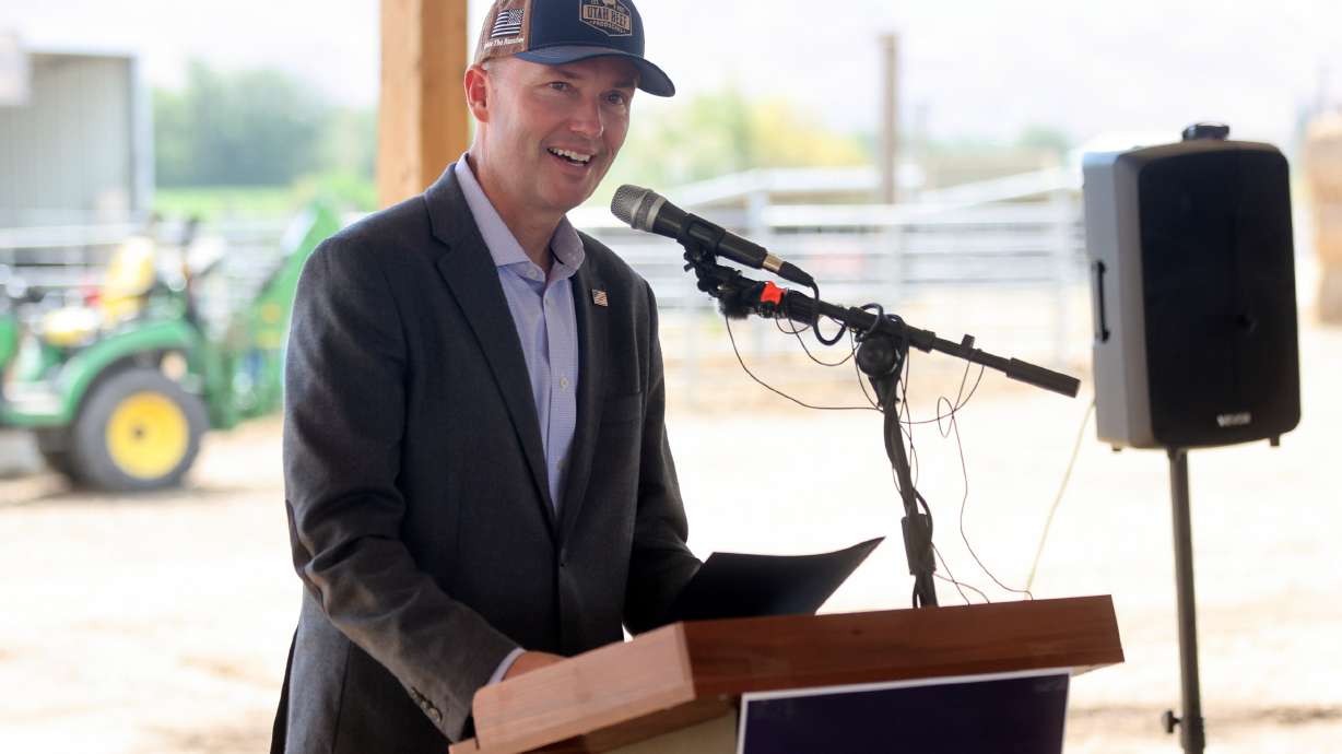 Gov. Spencer Cox speaks about the expanded Utah Food Security Grant under the Rural Health Transformation Program at Cross E Ranch in Salt Lake City on Tuesday. The program will invest $50 million into rural food production and access over the next five years.