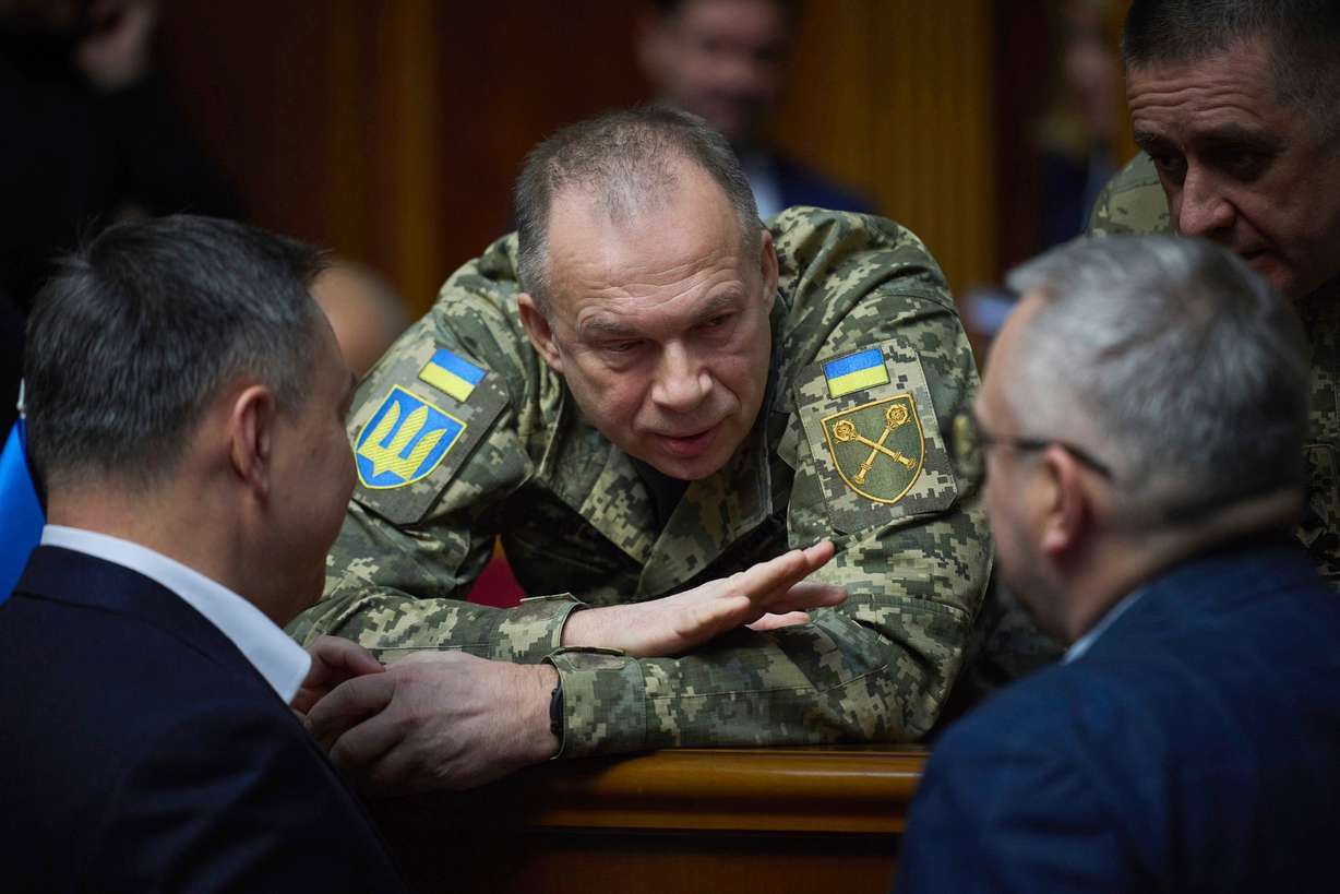 Gen. Oleksandr Syrskyi speaks to parliamentarians at the Verkhovna Rada in Kyiv, Nov. 19, 2024. Syrskyi was fired on Tuesday after protests calling for his dismissal.