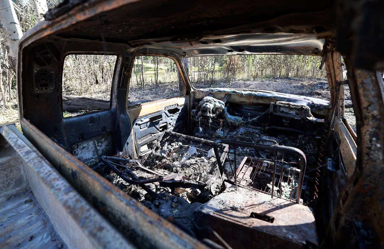 A truck that was destroyed in the Cottonwood Fire is pictured at Eagle Point Ski Resort in Beaver County on Thursday, July 9.