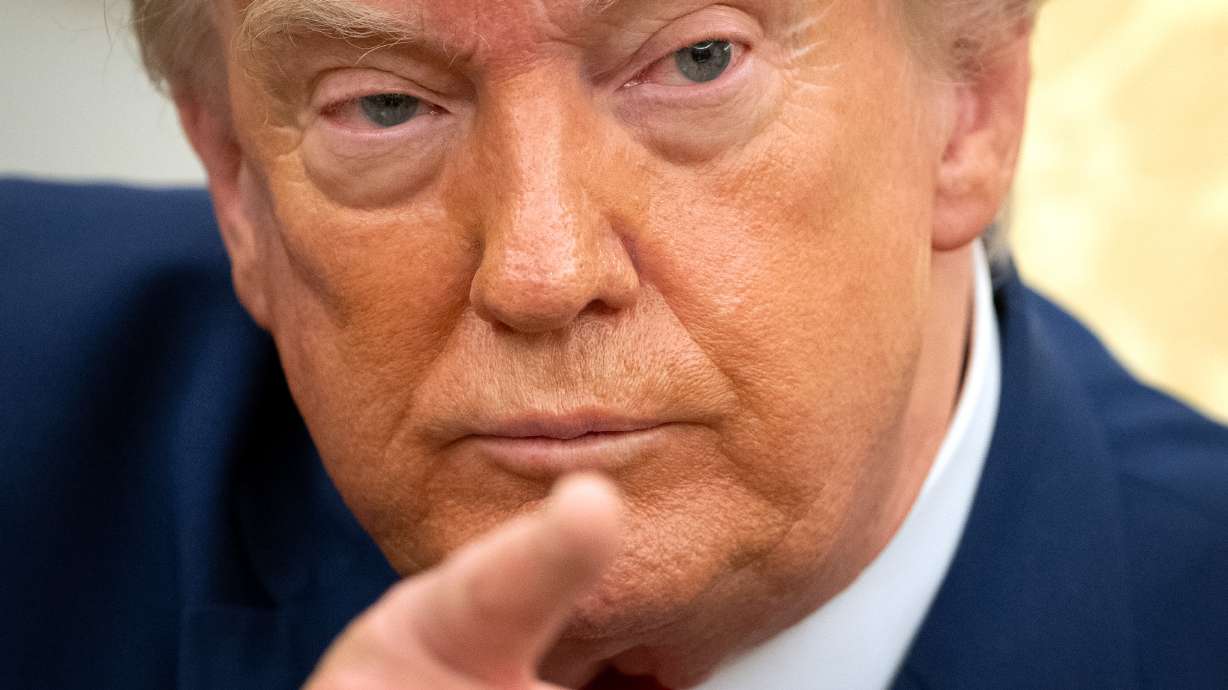 President Donald Trump gestures while meeting with Lebanese President Joseph Aoun in the Oval Office at the White House, Tuesday, in Washington. Trump has approved an agreement with Saudi Arabia that could potentially provide the kingdom with uranium enrichment capability for its civilian nuclear program.