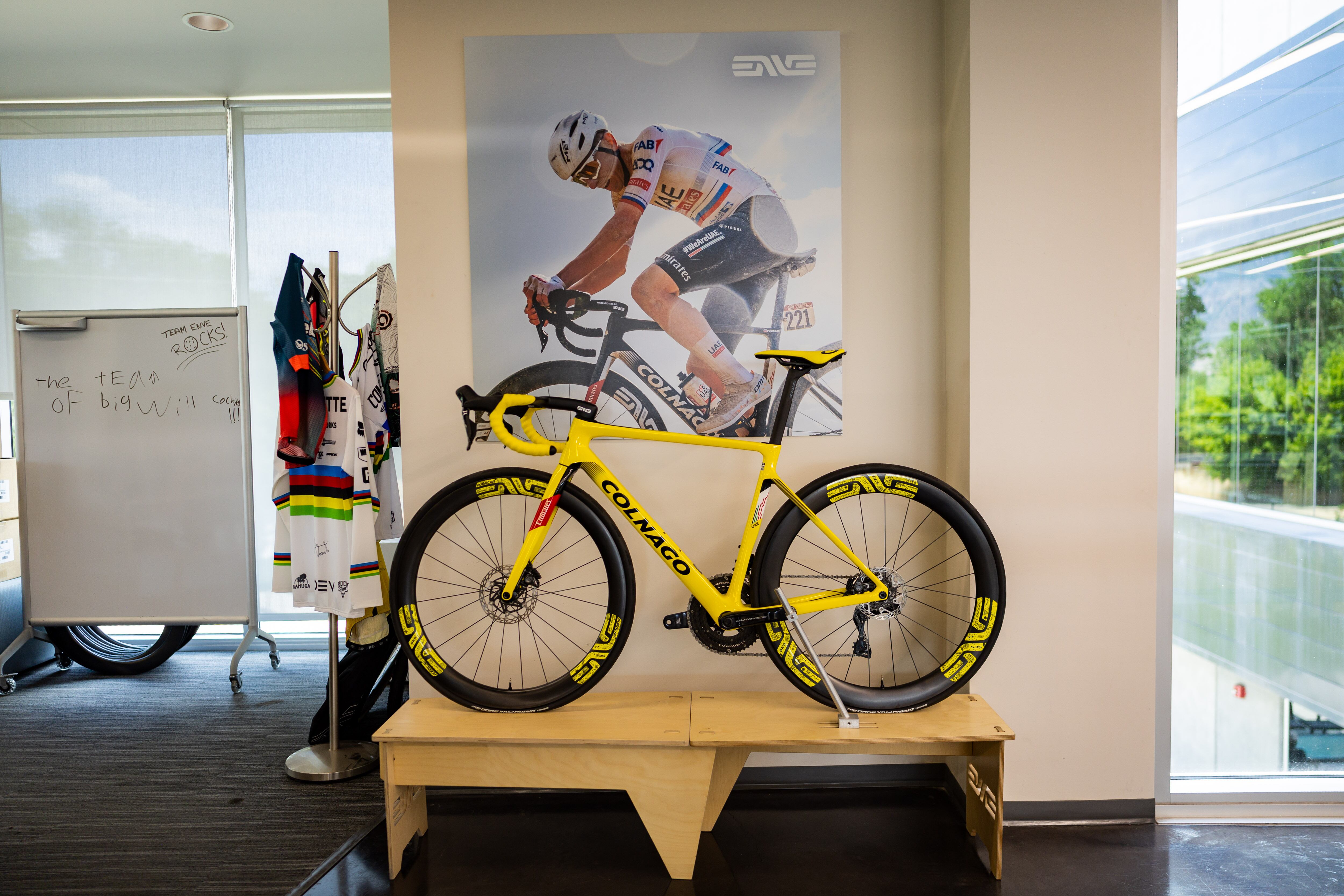 Tour de France 2024 winner Tadej Pogačar’s bike that he posed with at the podium at the ENVE Composites factory in Ogden on July 17.