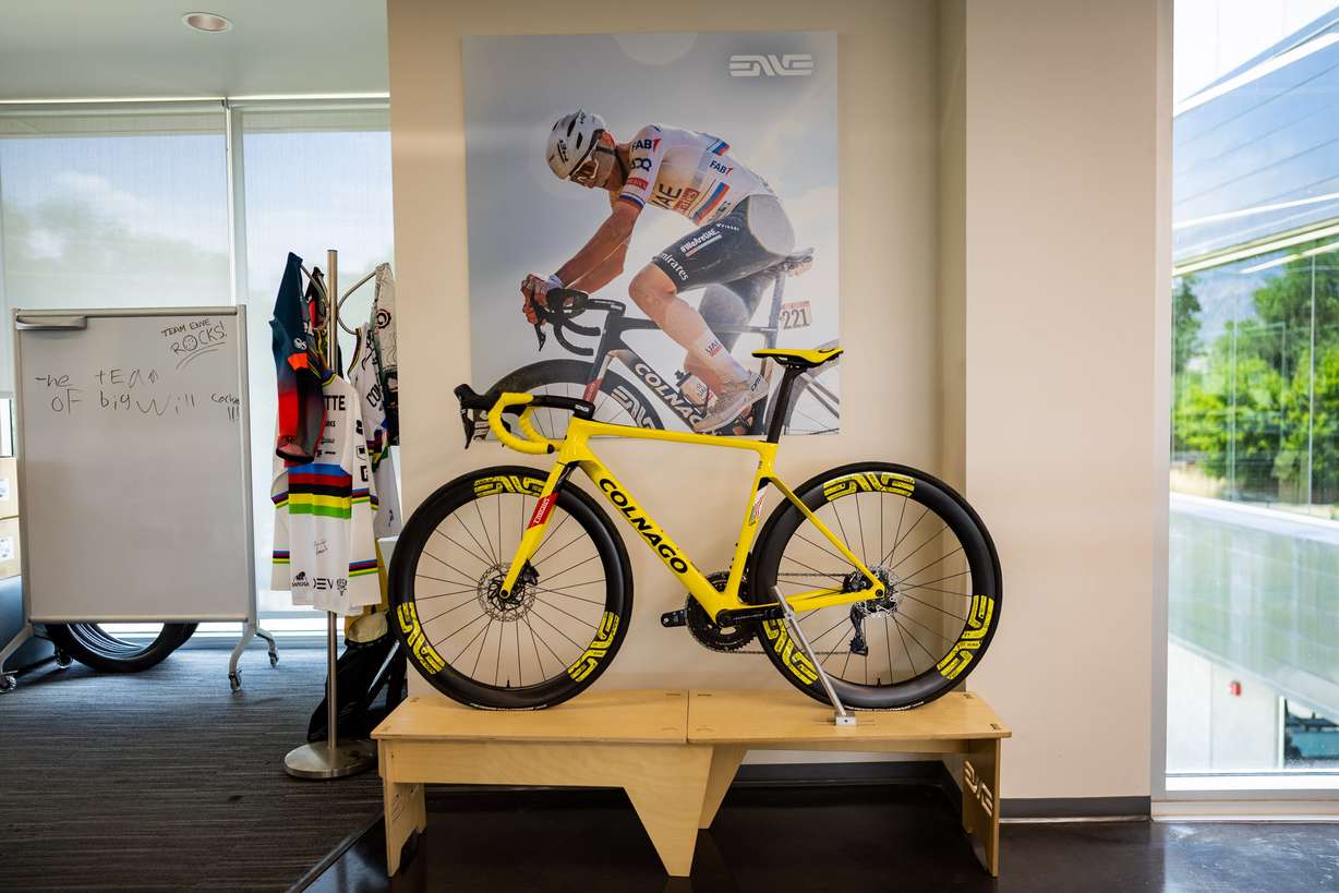 Tour de France 2024 winner Tadej Pogačar’s bike that he posed with at the podium at the ENVE Composites factory in Ogden on July 17.