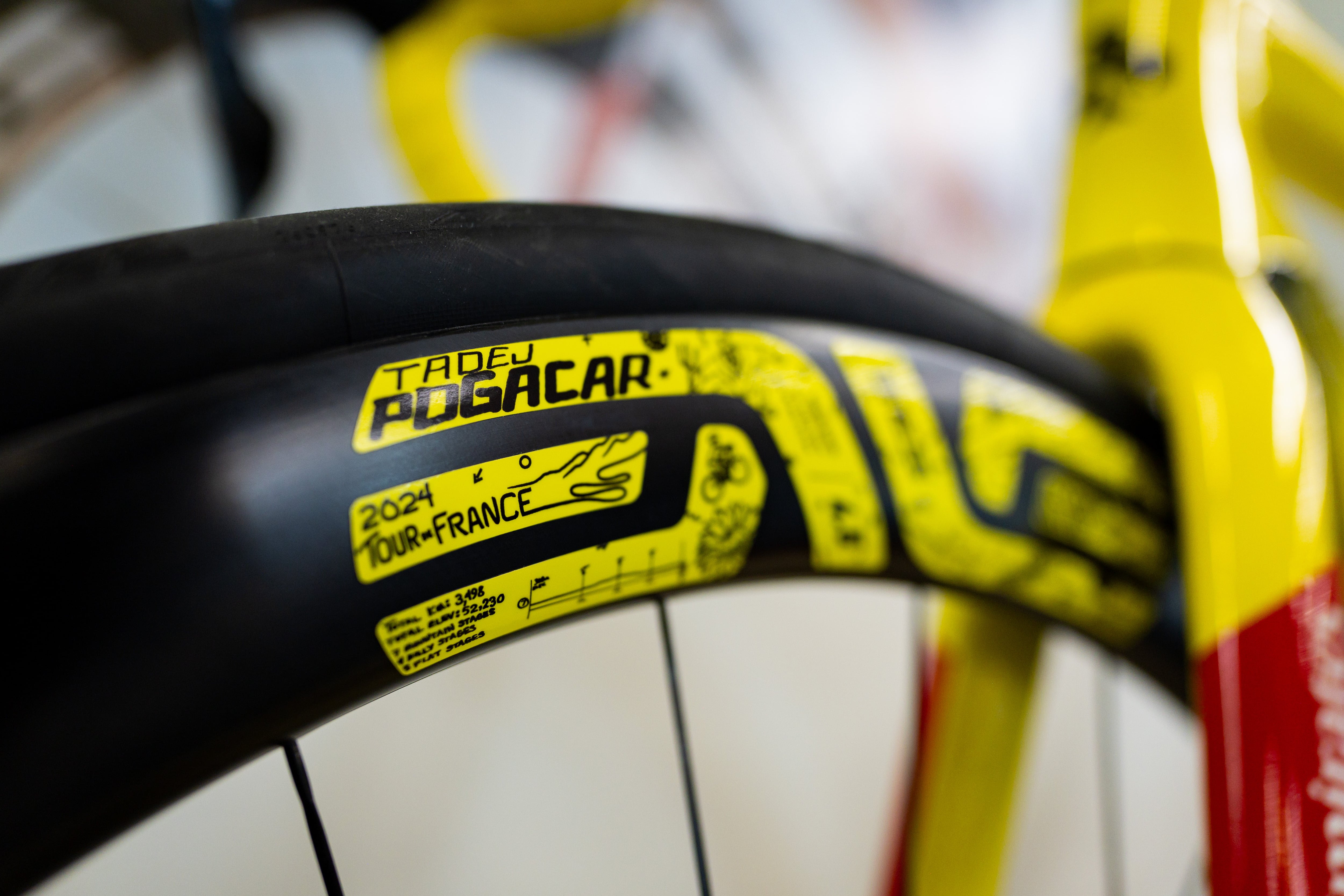 Tour de France 2024 winner Tadej Pogačar’s bike that he posed with at the podium at the ENVE Composites factory in Ogden on July 17.