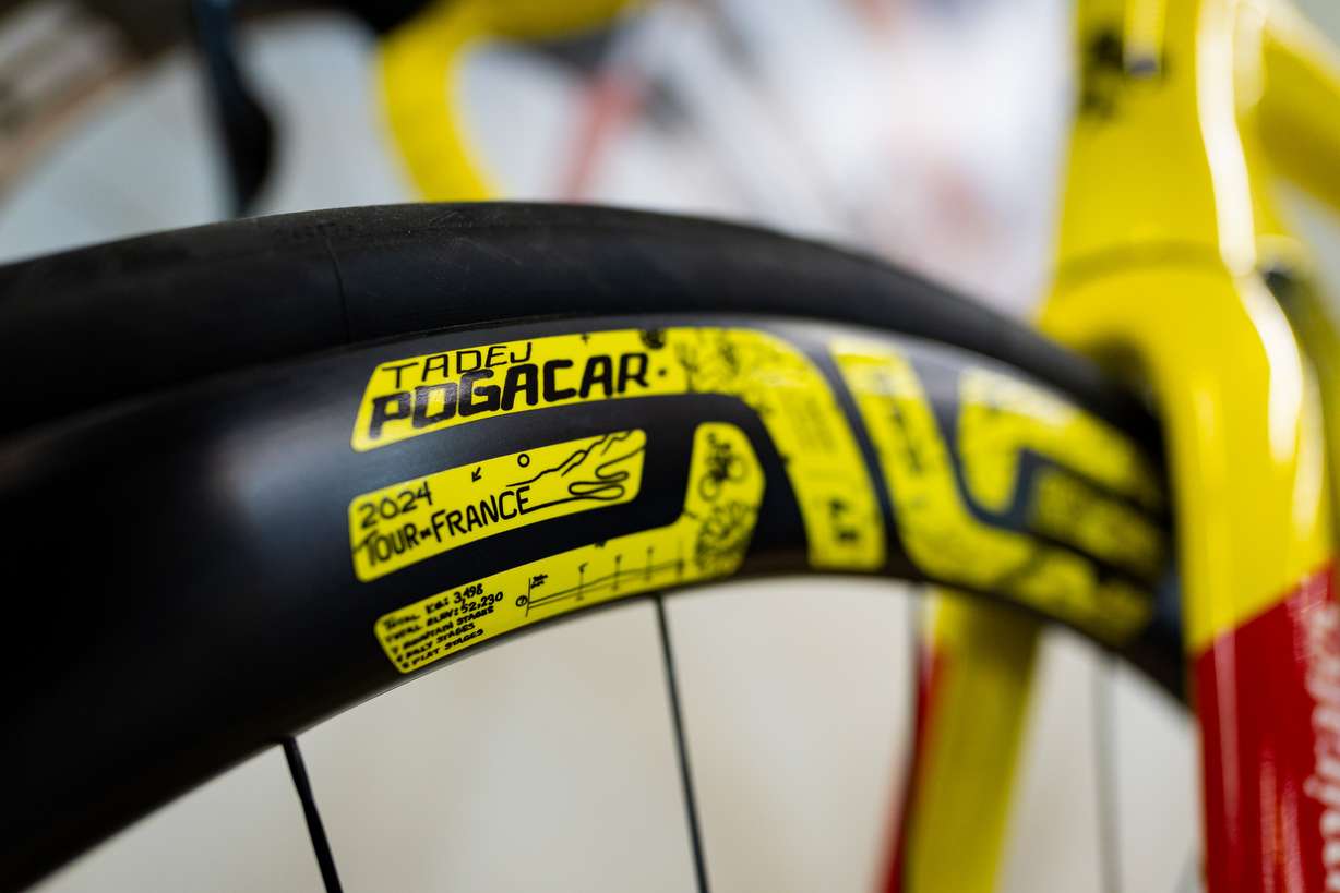 Tour de France 2024 winner Tadej Pogačar’s bike that he posed with at the podium at the ENVE Composites factory in Ogden on July 17.