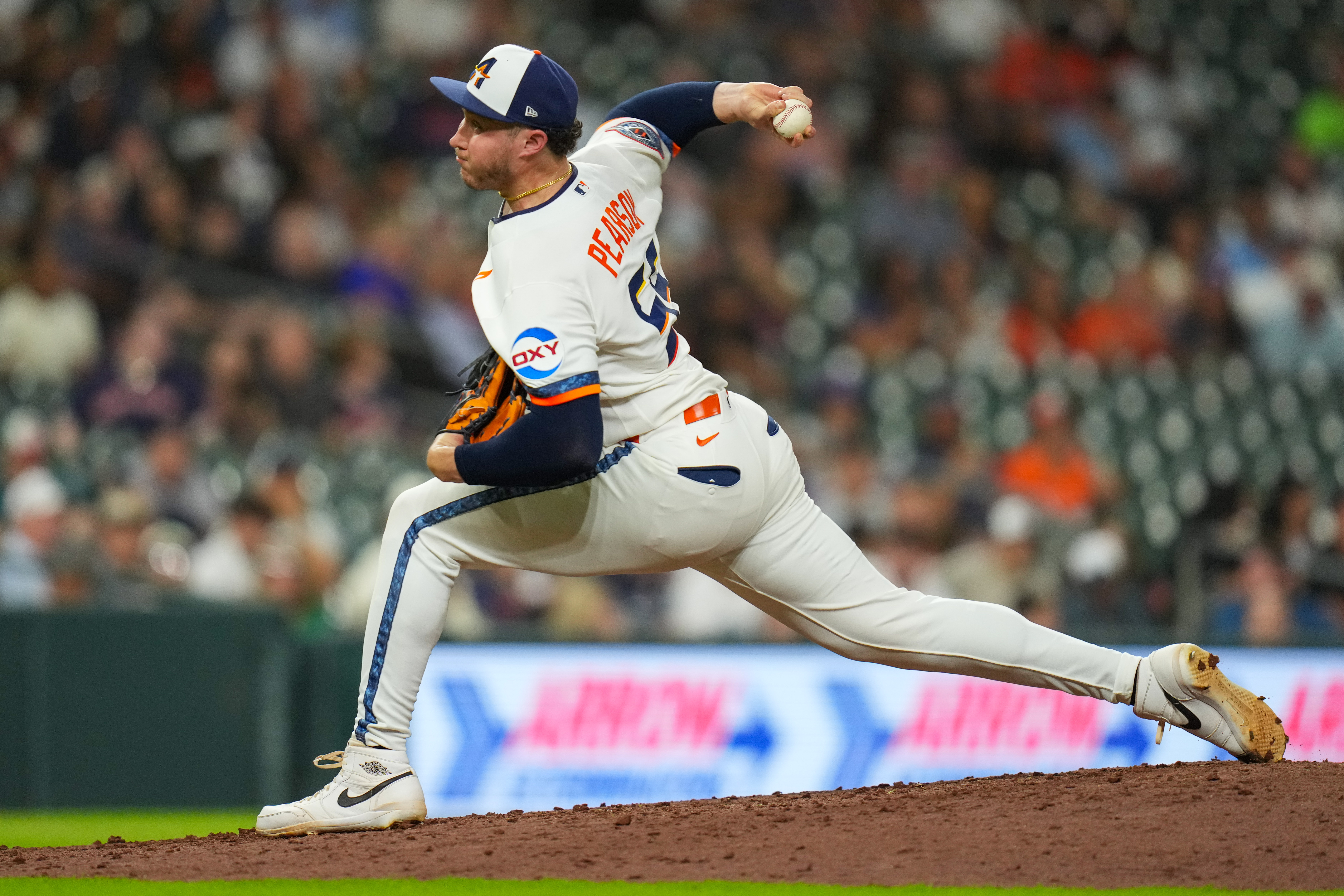 Houston Astros pitcher Nate Pearson delivers during the seventh inning of a baseball game against the Minnesota Twins in Houston, Monday, June 29, 2026. 
