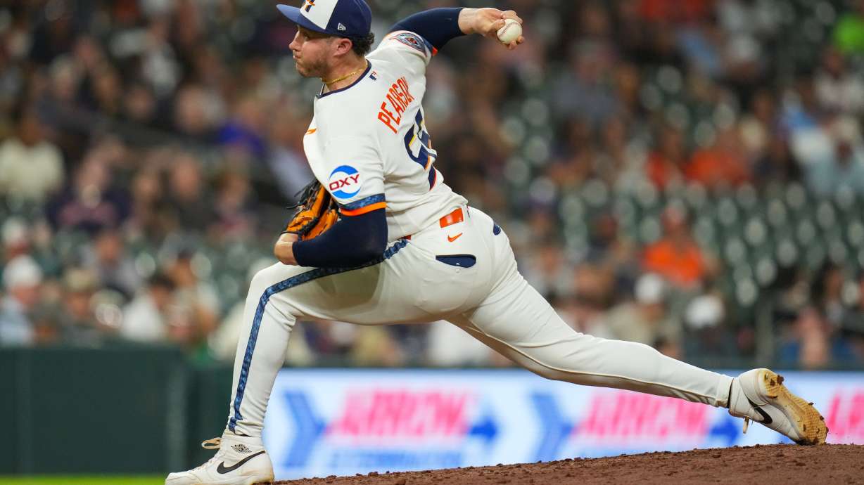 Houston Astros pitcher Nate Pearson delivers during the seventh inning of a baseball game against the Minnesota Twins in Houston, Monday, June 29, 2026.