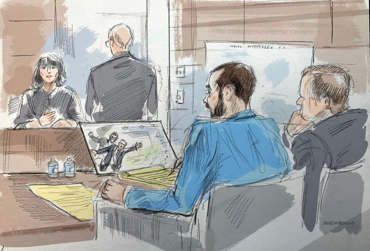 In this courtroom sketch, a witness describes video of an alleged attack on Salman Rushdie by Hadi Matar, in federal court in Buffalo, N.Y., Wednesday. Matar's federal terrorism trial focuses more on his motive for attempting to kill author Salman Rushdie.