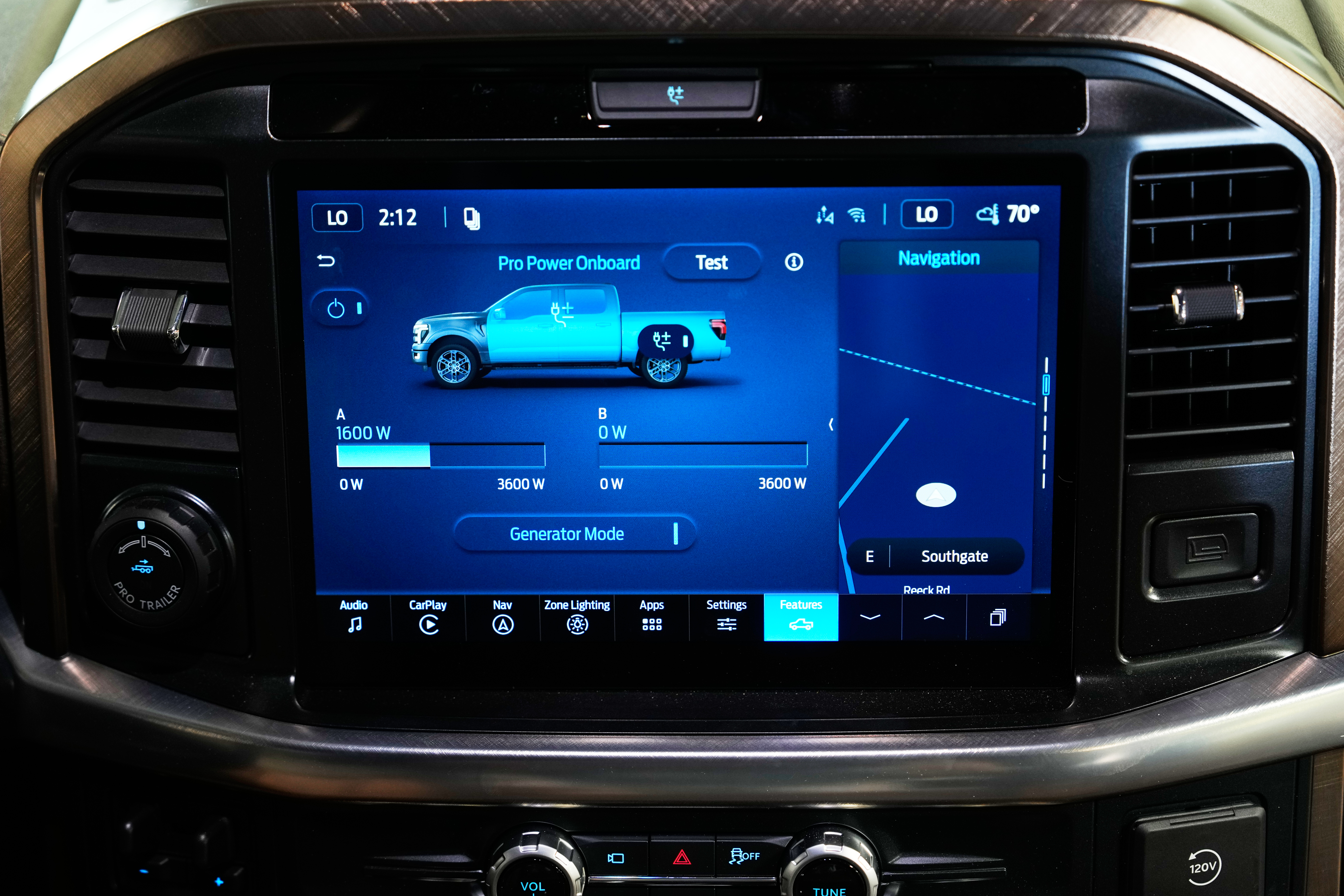 A Pro Power onboard information screen is displayed on a Ford F-150 King Ranch, Wednesday in Southgate, Mich. An available adapter makes the vehicle compatible to plug into a longer, separate cable that connects to a transfer switch installed directly on one's electric meter.