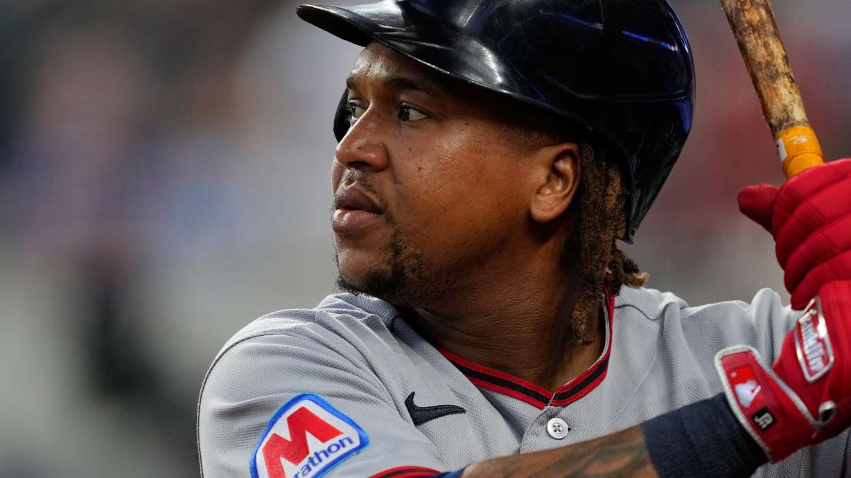 FILE - Cleveland Guardians' José Ramírez stands on deck during a baseball game against the Texas Rangers in Arlington, Texas, June 7, 2026.