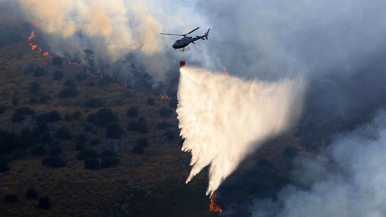 Firefighting aircraft and helicopters try to bring a fire under control on the slopes of Mount Longa near Palermo, Sicily, Italy, on July 15. Officials in Calabria, a different region north of Sicily, say arsonists there set wildfires using cats with flammable rags tied to their tails.