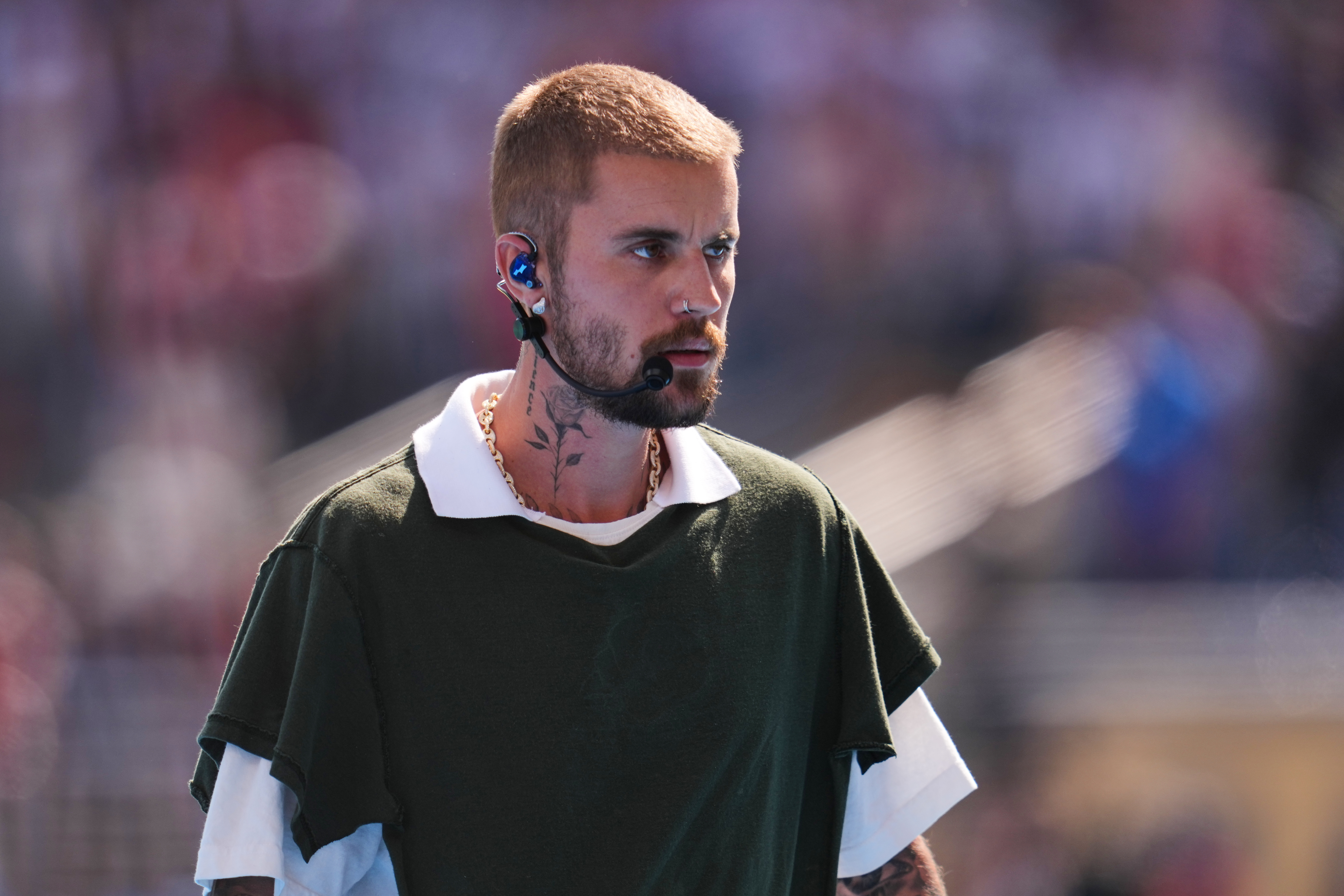 Justin Bieber leaves the pitch after performing at halftime during the World Cup final soccer match between Spain and Argentina in East Rutherford, N.J., near New York, Sunday, July 19, 2026. 