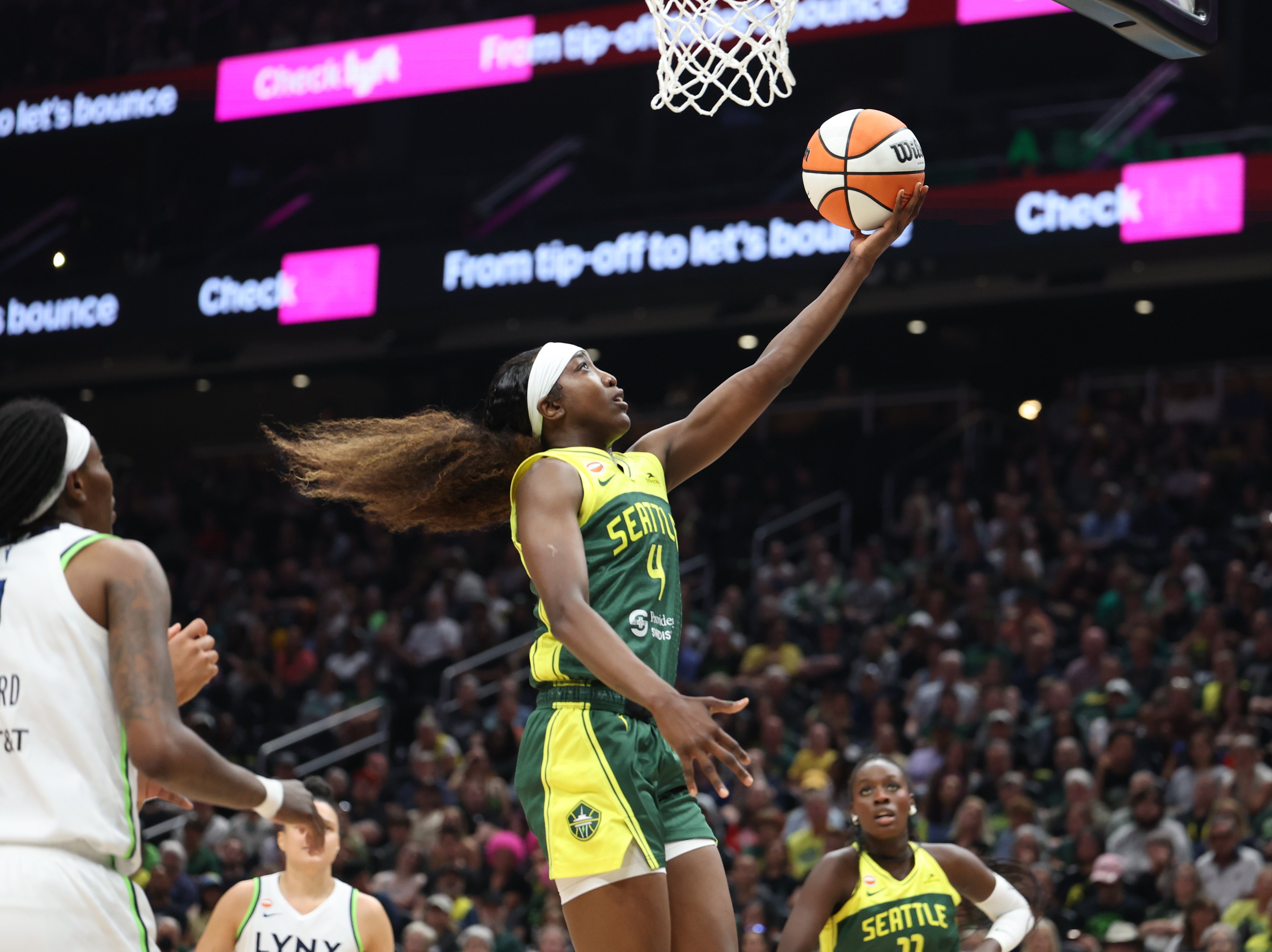 Seattle Storm guard Flau'jae Johnson goes for a layup against the Minnesota Lynx during the first half of a WNBA basketball game Monday, July 20, 2026, in Seattle. 