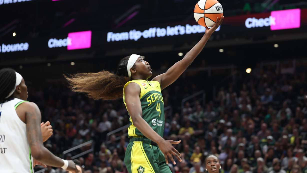 Seattle Storm guard Flau'jae Johnson goes for a layup against the Minnesota Lynx during the first half of a WNBA basketball game Monday, July 20, 2026, in Seattle.