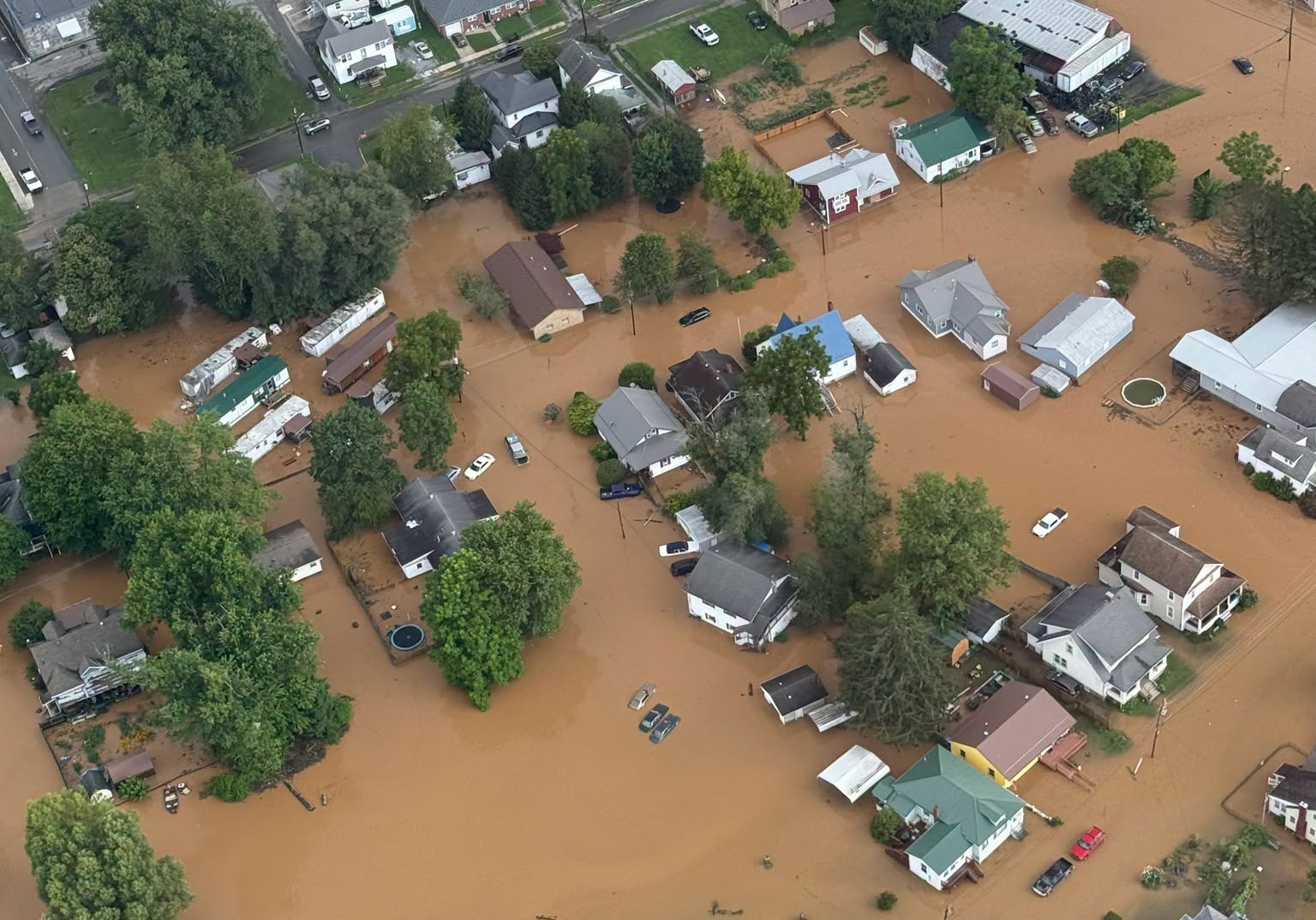 An Aerial view shows extensive flooding in Buckhannon, W.Va., Wednesday.