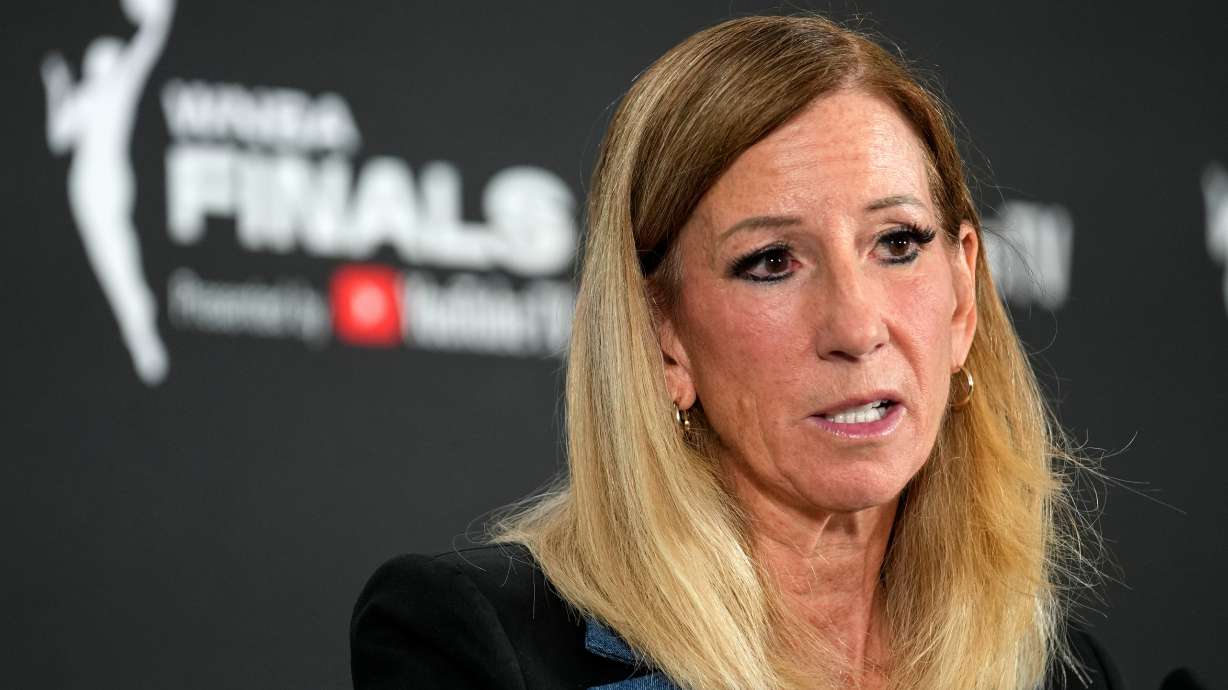 FILE - WNBA commissioner Cathy Engelbert speaks prior to Game 1 of a WNBA basketball final playoff series between the Las Vegas Aces and the Phoenix Mercury, Oct. 3, 2025, in Las Vegas.