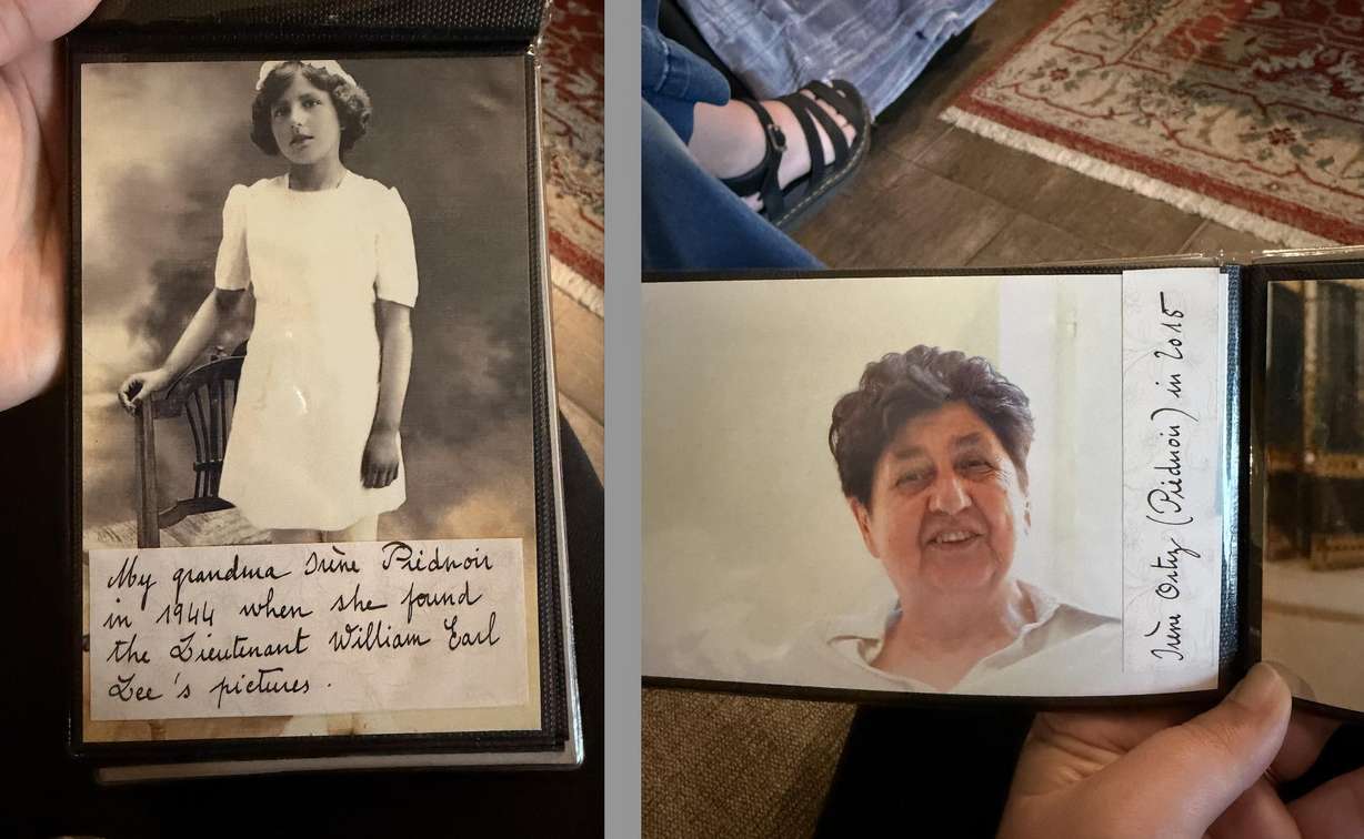 A 1944 photo and 2015 photo of Irène Priduoir, a French woman who found photos from a U.S. soldier that got left behind when he camped near her family home in Normandy during World War II. Seventy years later, she met the family of that U.S. soldier and returned the special photos.