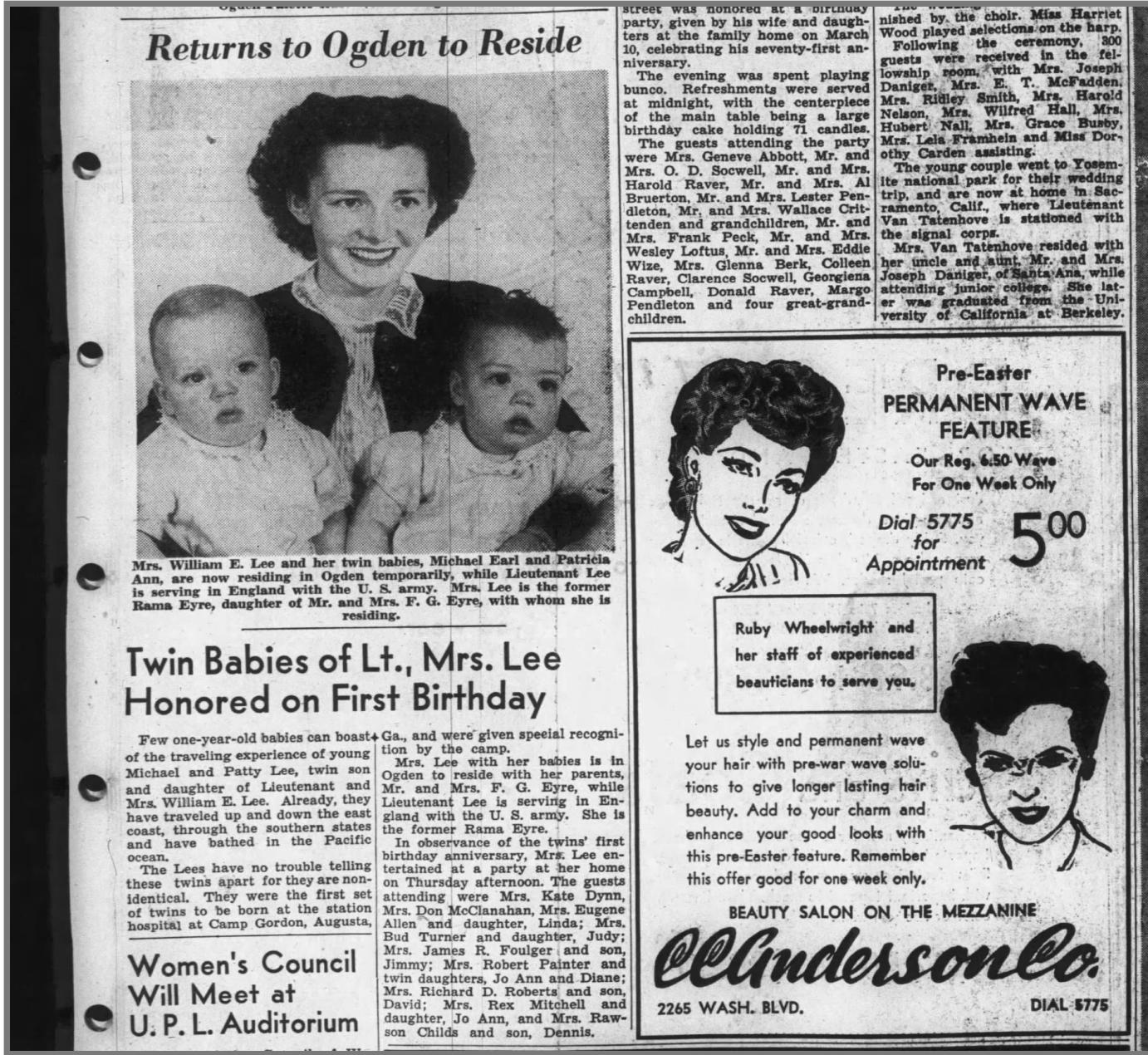 A March 1944 newspaper clipping from the Ogden Standard-Examiner. This newspaper was crucial in a French woman's search to find the family of a U.S. solider who lost photographs when he camped near her family home in Normandy during World War II.