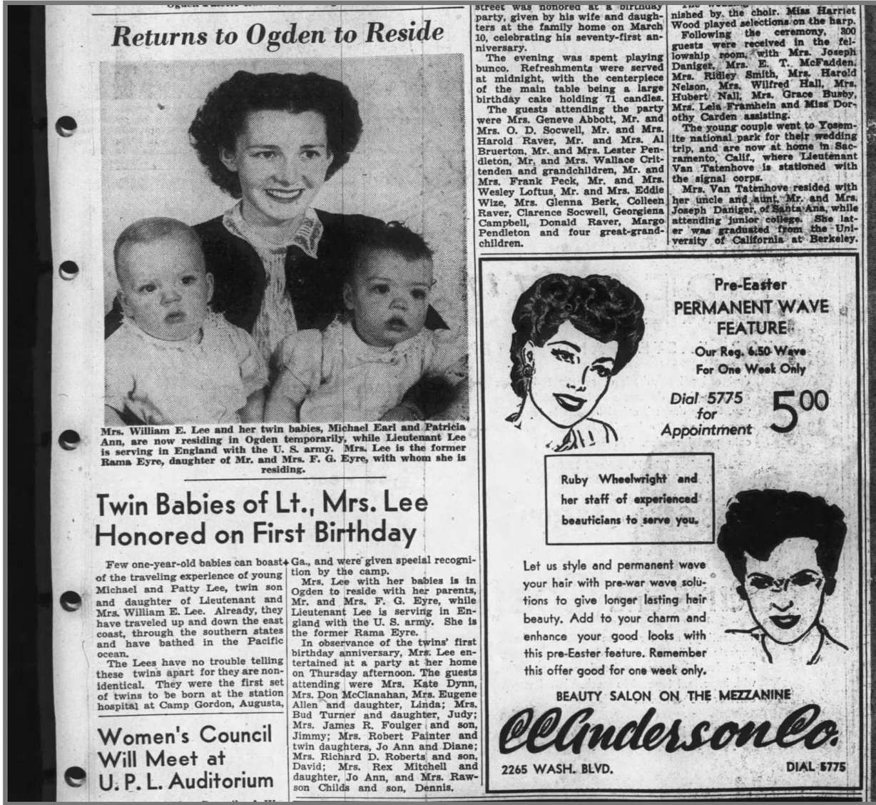 A March 1944 newspaper clipping from the Ogden Standard-Examiner. This newspaper was crucial in a French woman's search to find the family of a U.S. solider who lost photographs when he camped near her family home in Normandy during World War II.