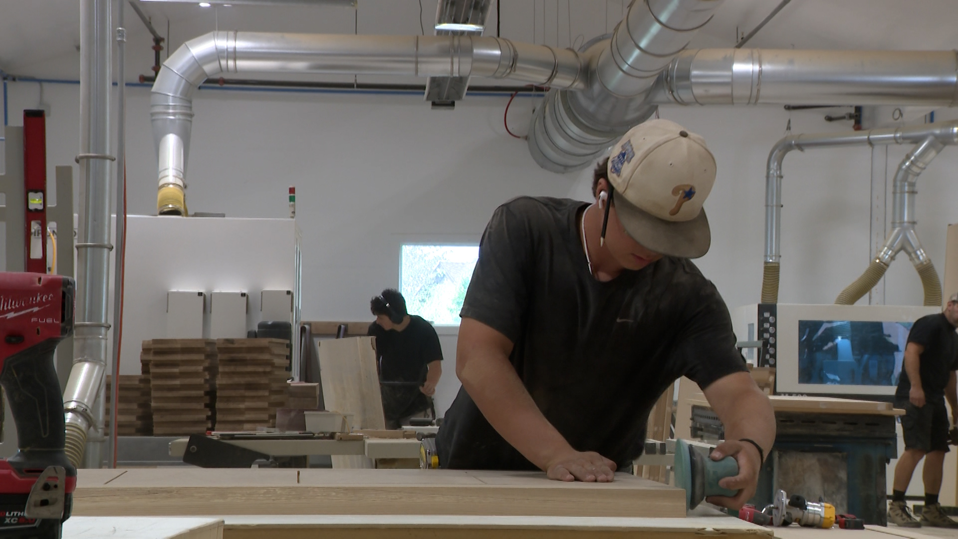 Workers for Frontier Woodworks in Francis are pictured on Wednesday.