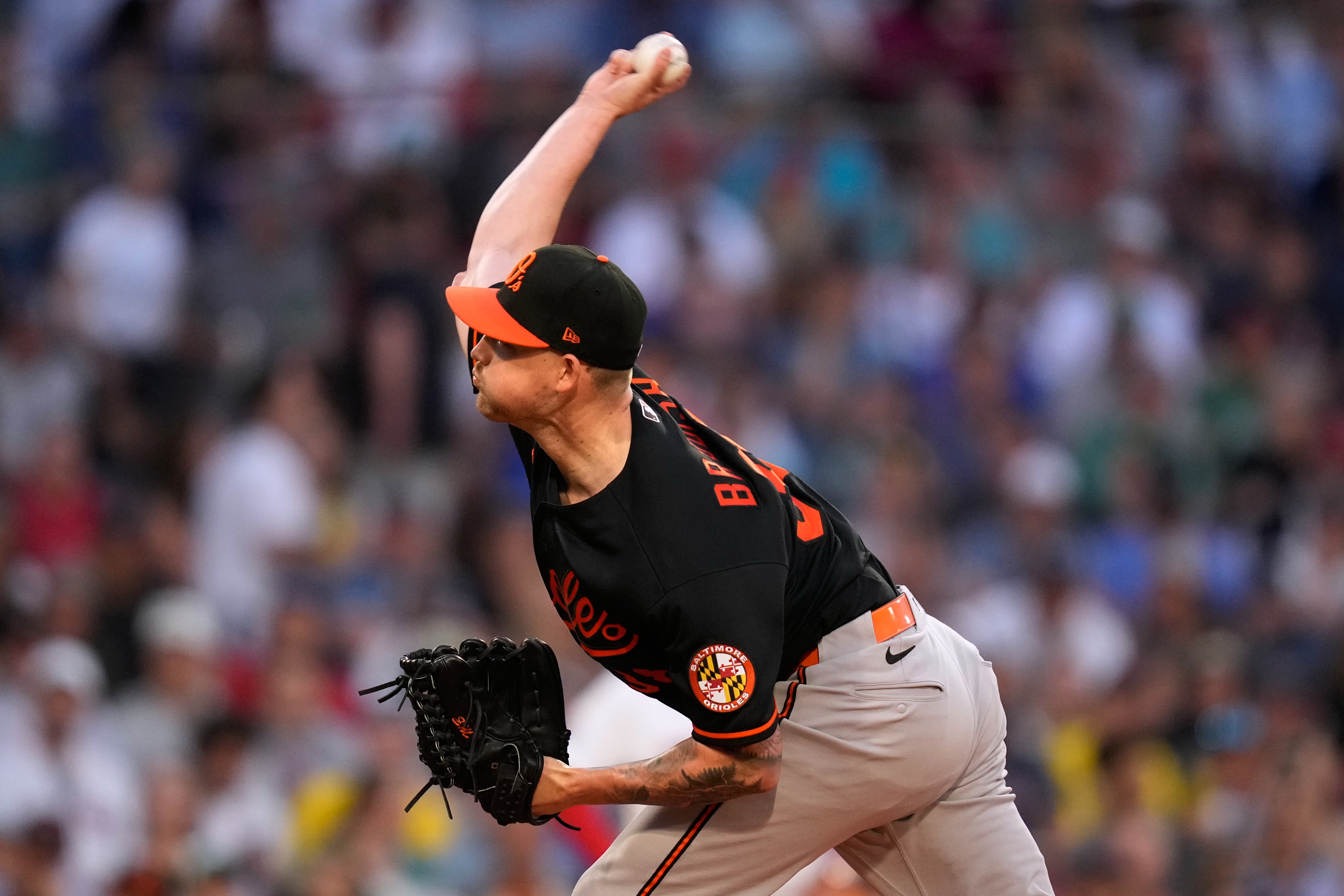 Baltimore Orioles starting pitcher Kyle Bradish delivers in the first inning during the second baseball game of a doubleheader against the Boston Red Sox, Wednesday, July 22, 2026, in Boston. 