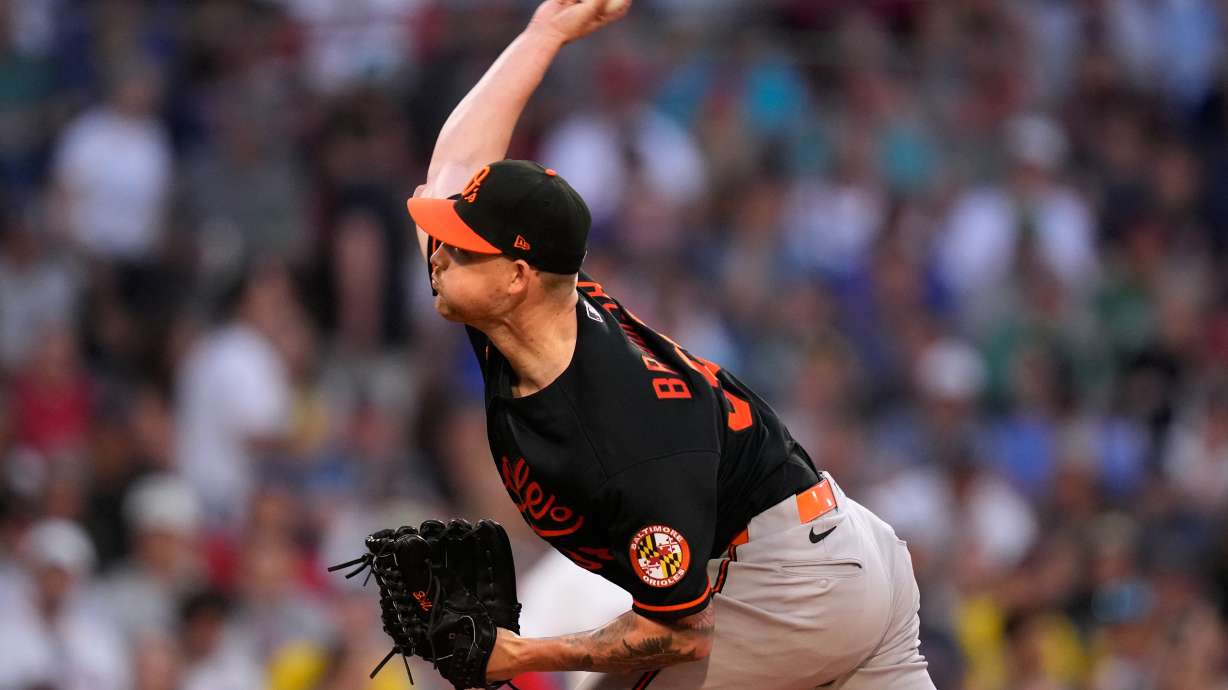 Baltimore Orioles starting pitcher Kyle Bradish delivers in the first inning during the second baseball game of a doubleheader against the Boston Red Sox, Wednesday, July 22, 2026, in Boston.