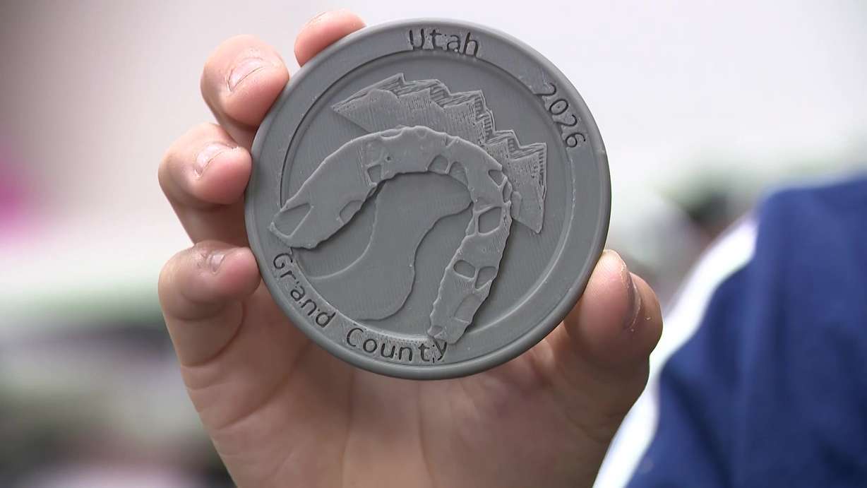 Jayden Jiang's 3D-printed coin that he designed for the Utah 3D Coin Design Contest is pictured on Wednesday, July 22, 2026.