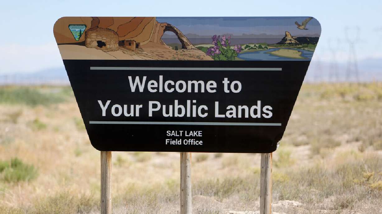 A Bureau of Land Management sign is pictured in Rush Valley in Tooele County on July 7, 2025. President Trump released a set of executive orders that could reduce the size of the Bears Ears and Grand Staircase Escalante national monuments.