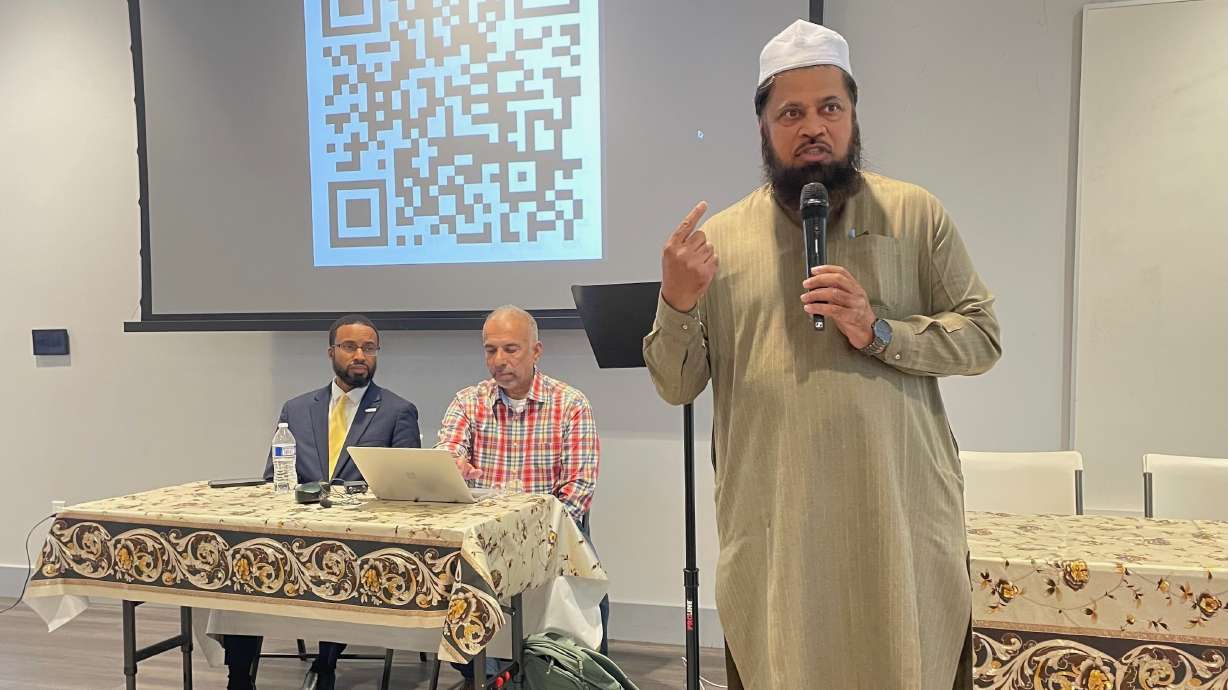 Members of Utah's Muslim community gathered Wednesday as a show of solidarity after an attack last week on a Muslim man. Shuaib Din addresses the gathering at the Utah Islamic Center in West Jordan, where he serves as imam.