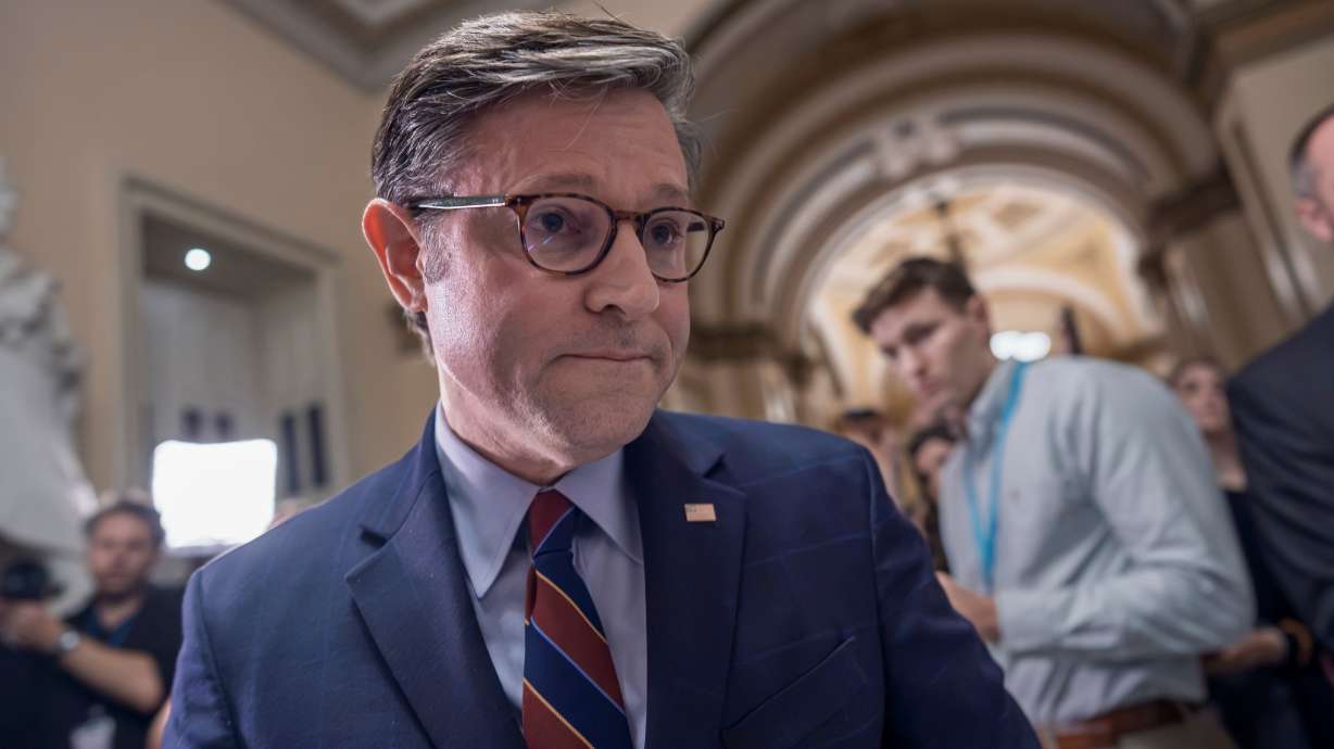 Speaker of the House Mike Johnson, R-La., leaves without taking any questions from reporters after finishing a series of votes on President Donald Trump's priorities, at the Capitol in Washington, Wednesday. The House again narrowly passed a war powers resolution on Thursday.