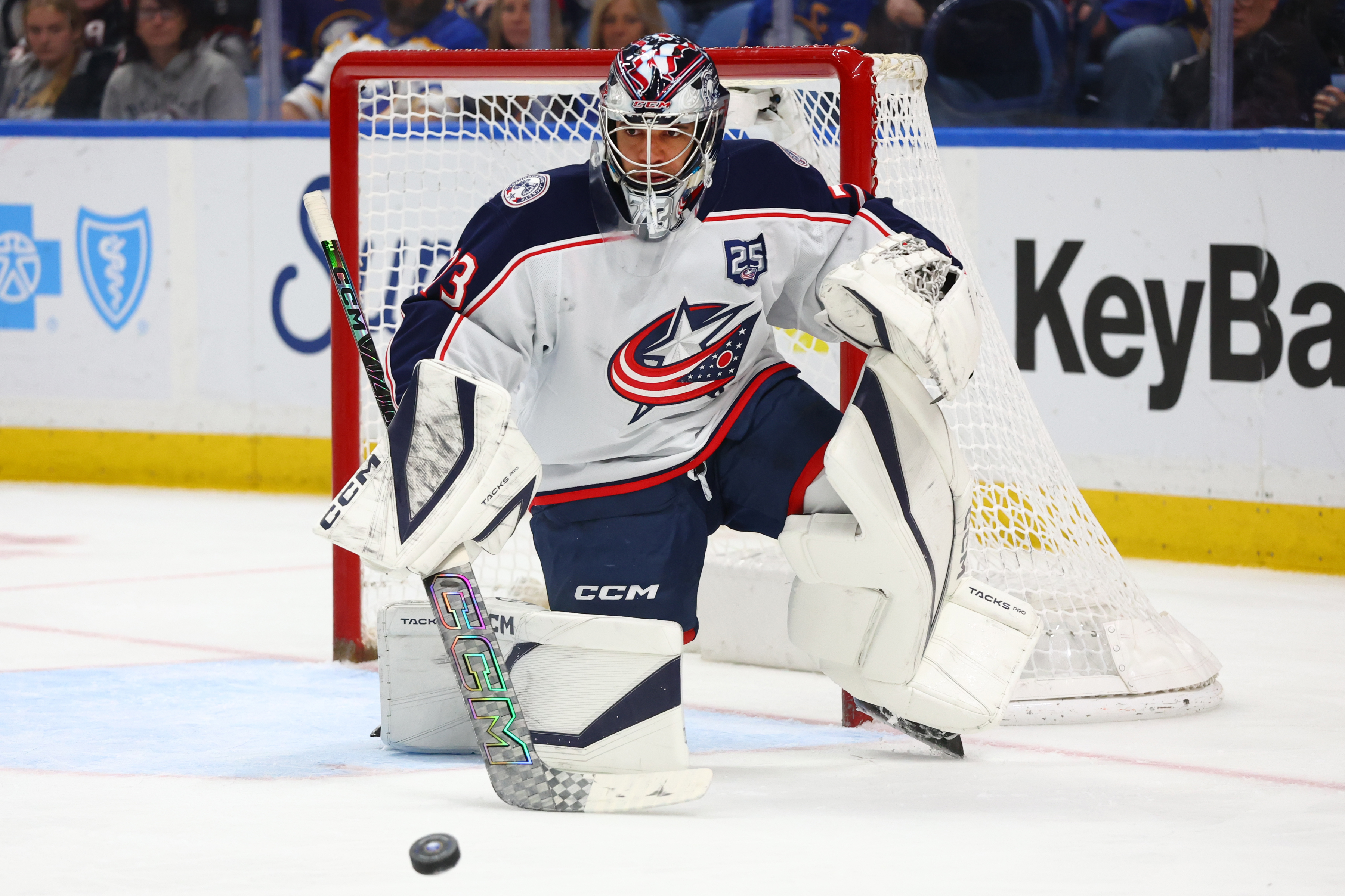 FILE - Columbus Blue Jackets goaltender Jet Greaves (73) makes a save during the first period of an NHL hockey game against the Buffalo Sabres, April 9, 2026, in Buffalo, N.Y. 