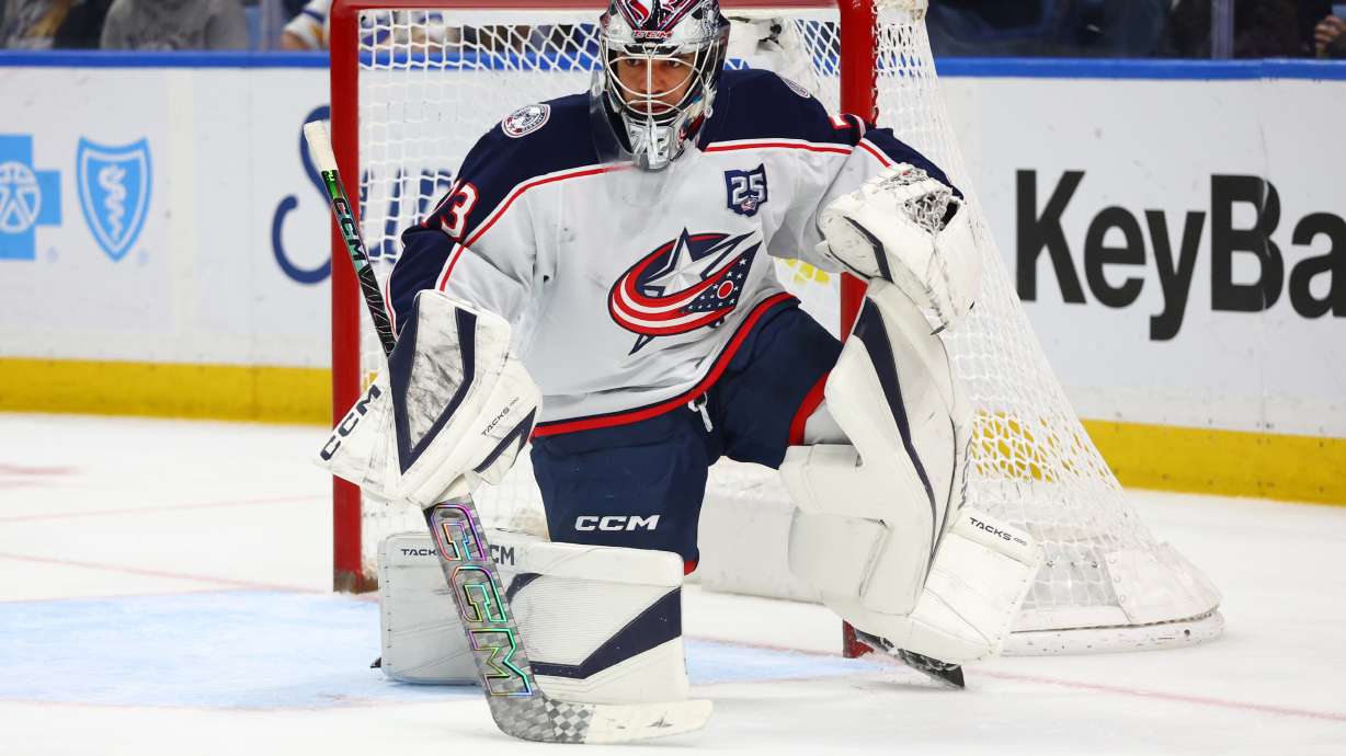 FILE - Columbus Blue Jackets goaltender Jet Greaves (73) makes a save during the first period of an NHL hockey game against the Buffalo Sabres, April 9, 2026, in Buffalo, N.Y.