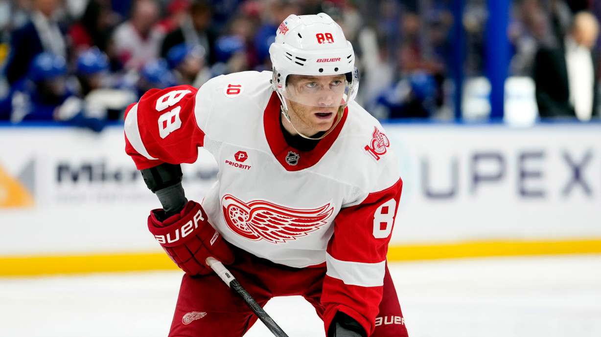 FILE - Detroit Red Wings right wing Patrick Kane (88) against the Tampa Bay Lightning during the third period of an NHL hockey game Monday, April 13, 2026, in Tampa, Fla.