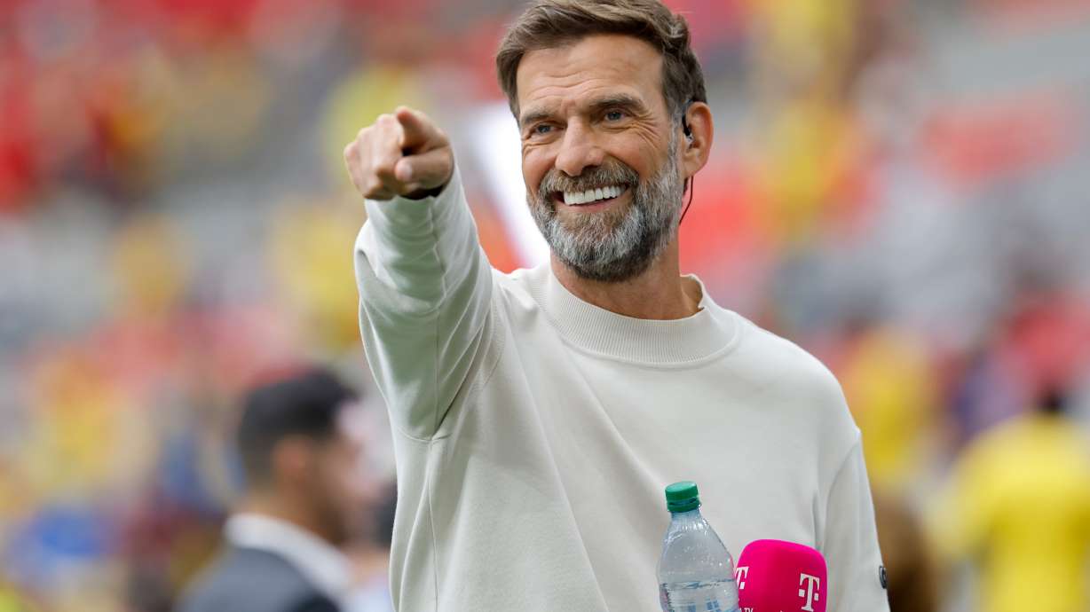 Former Liverpool Juergen Klopp gestures during the World Cup round of 16 soccer match between Switzerland and Colombia in Vancouver, British Columbia, Tuesday, July 7, 2026.