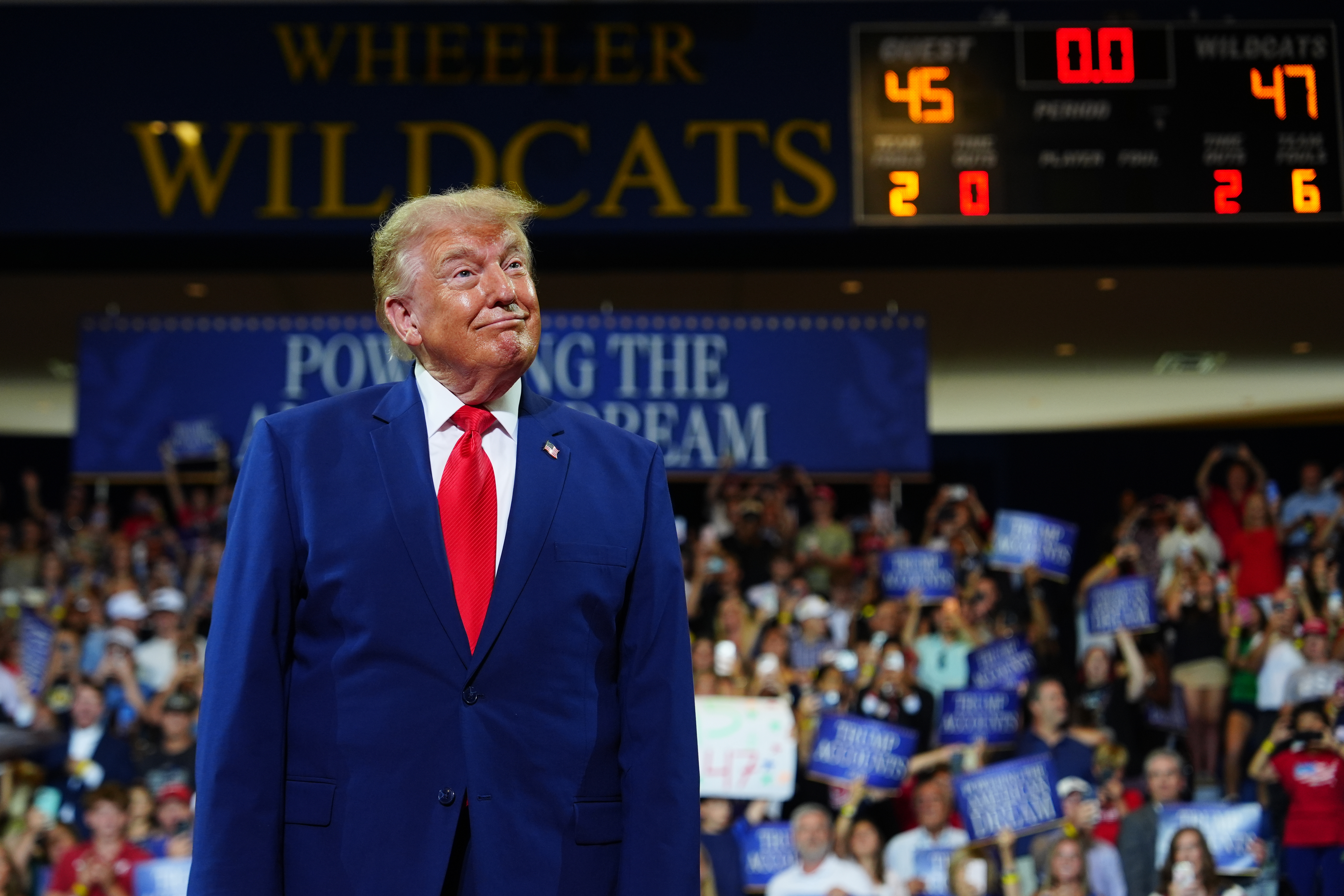 President Donald Trump appears on stage at Wheeler High School, Wednesday, July 22, 2026, in Marietta, Ga. 